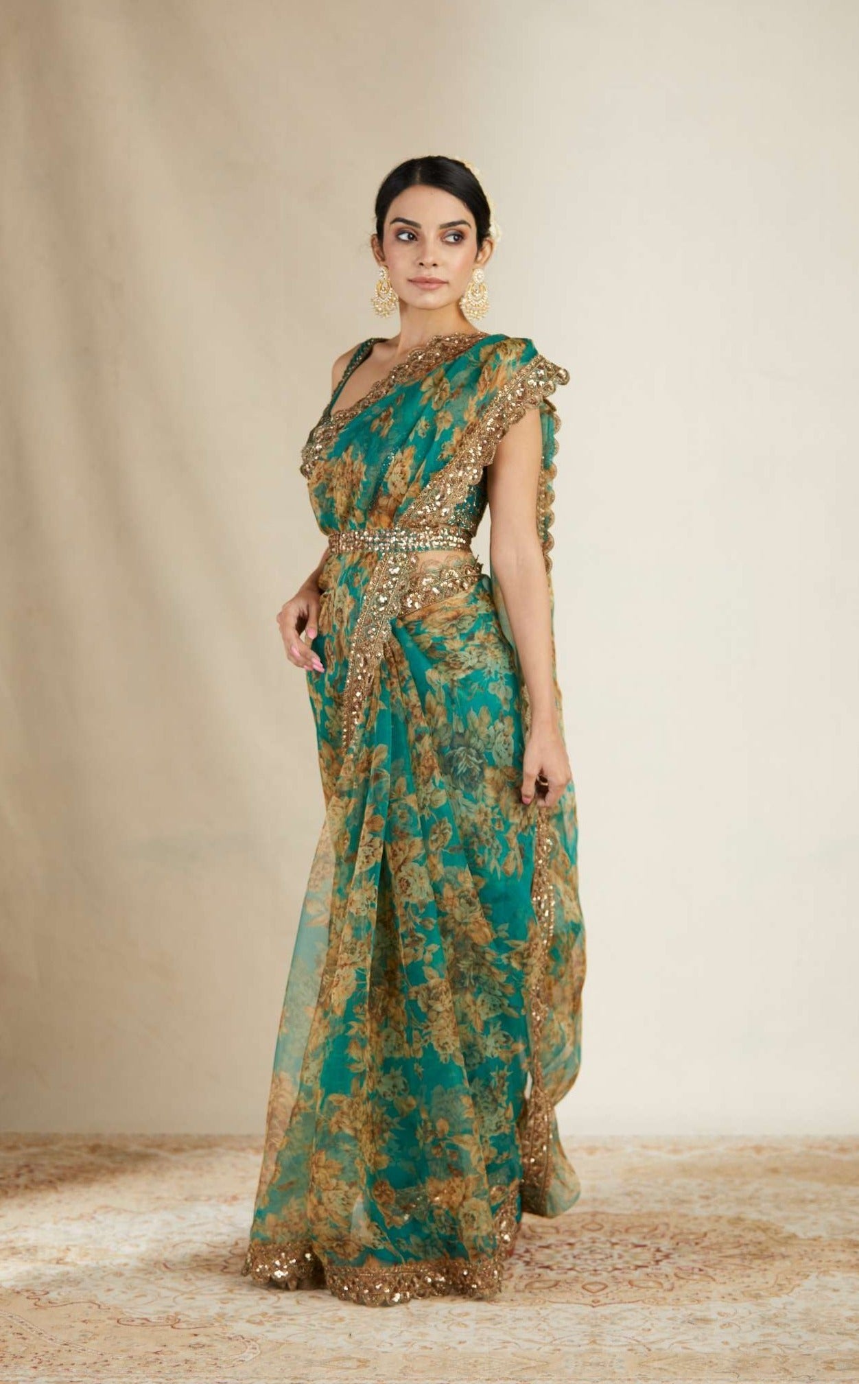 Teal Green Floral Saree Set