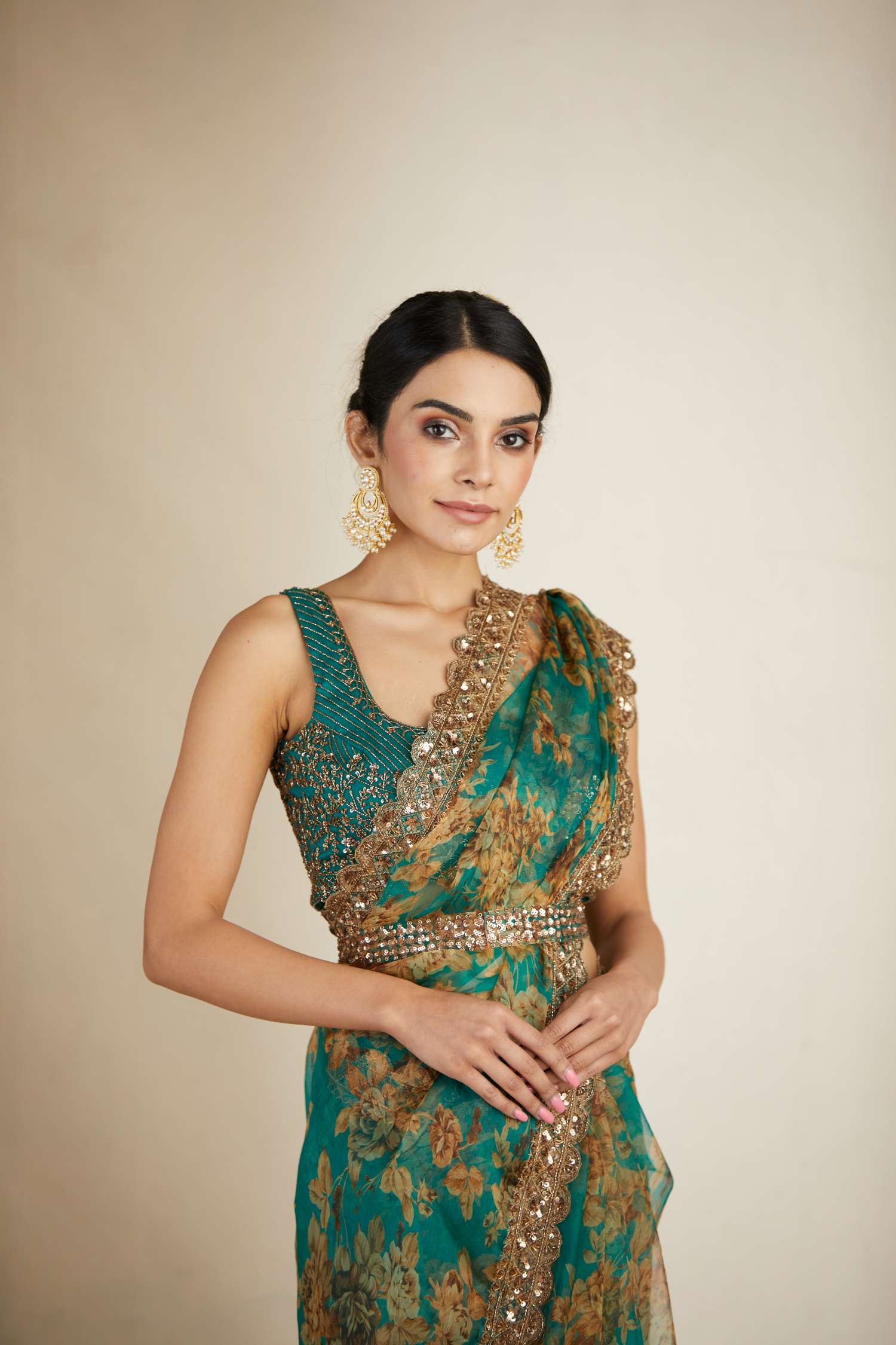 Teal Green Floral Saree Set