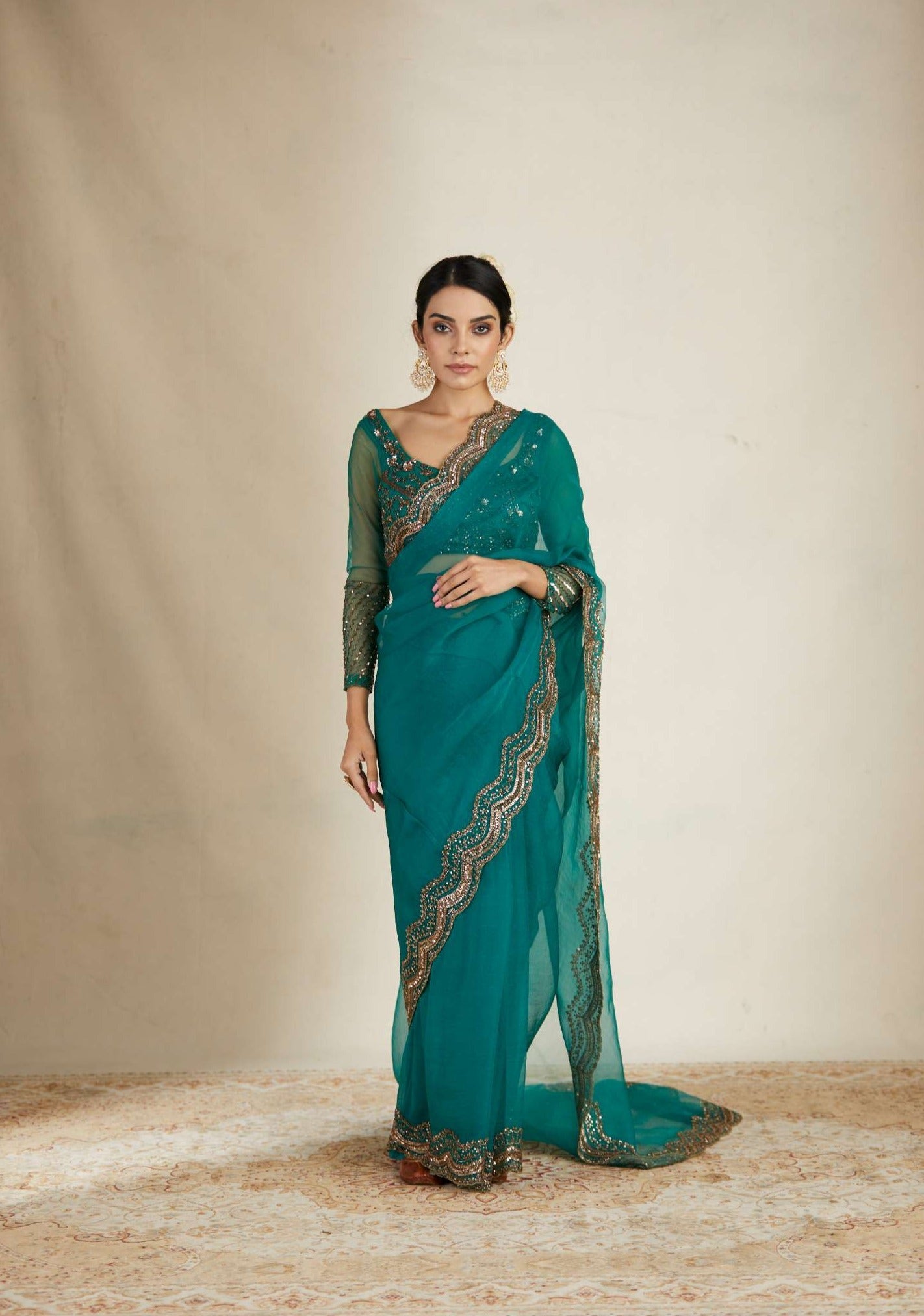 Teal Green Organza Sequence Work Saree Set