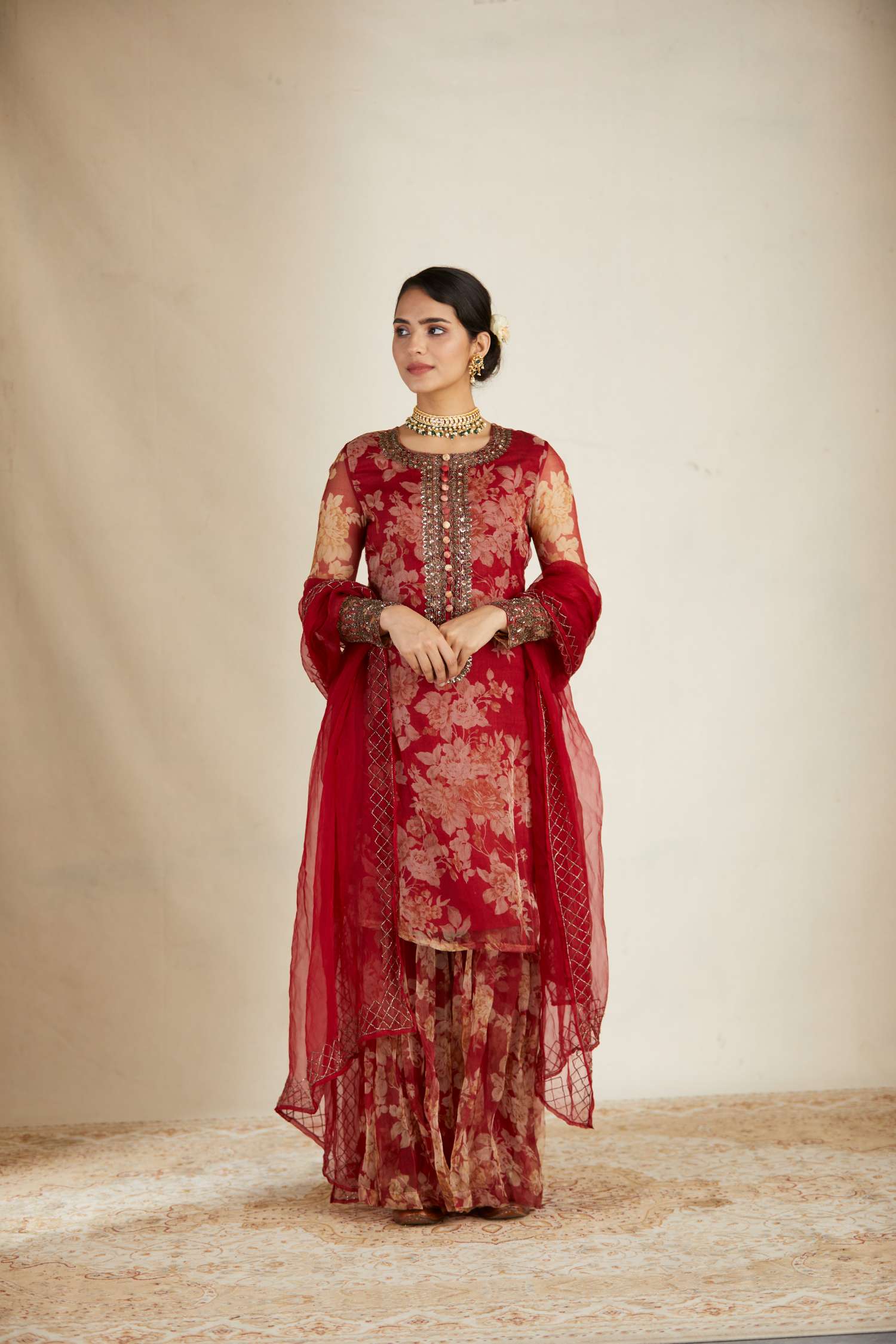 Red Floral Kurti Set