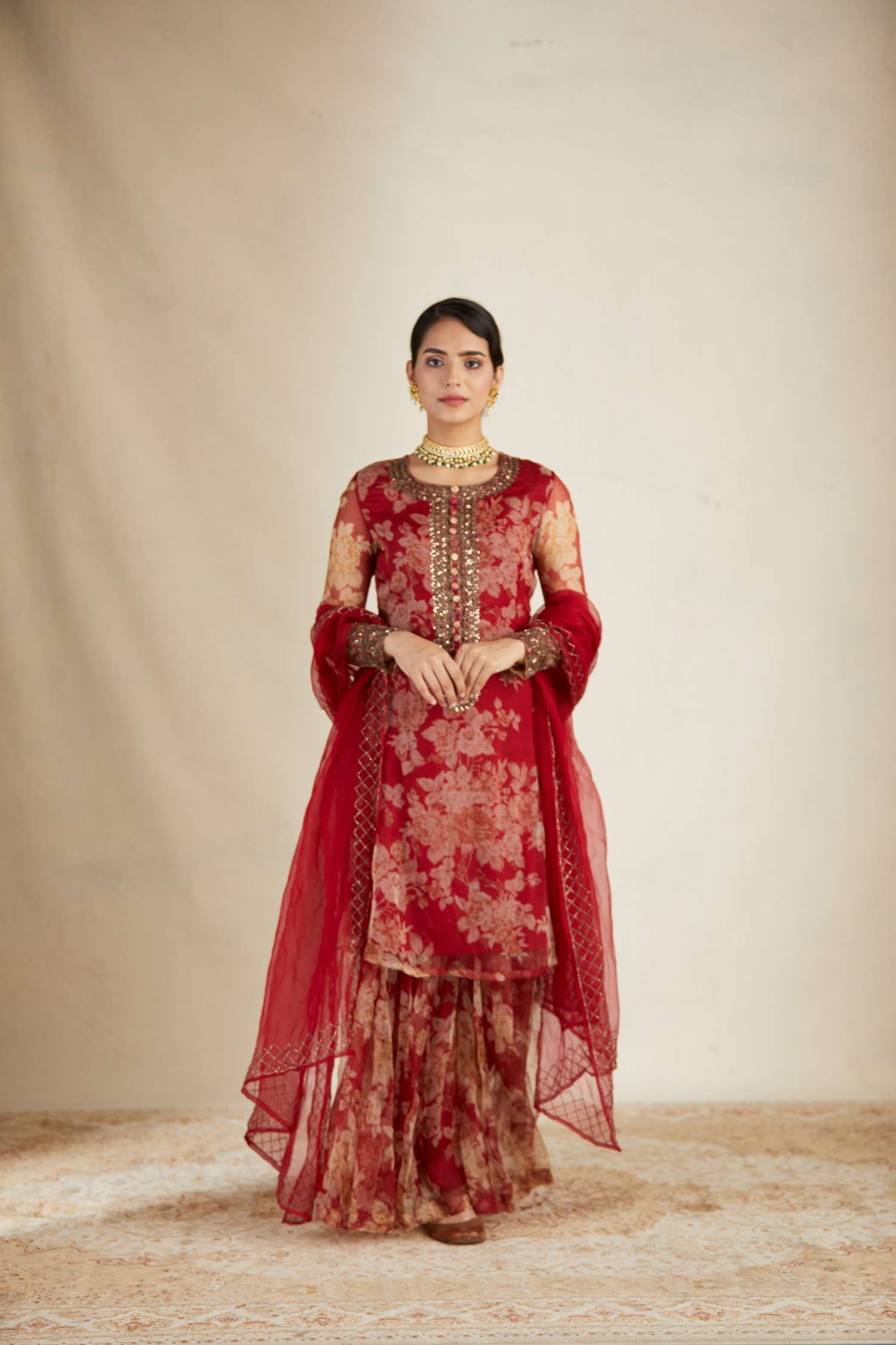 Red Floral Kurti Set