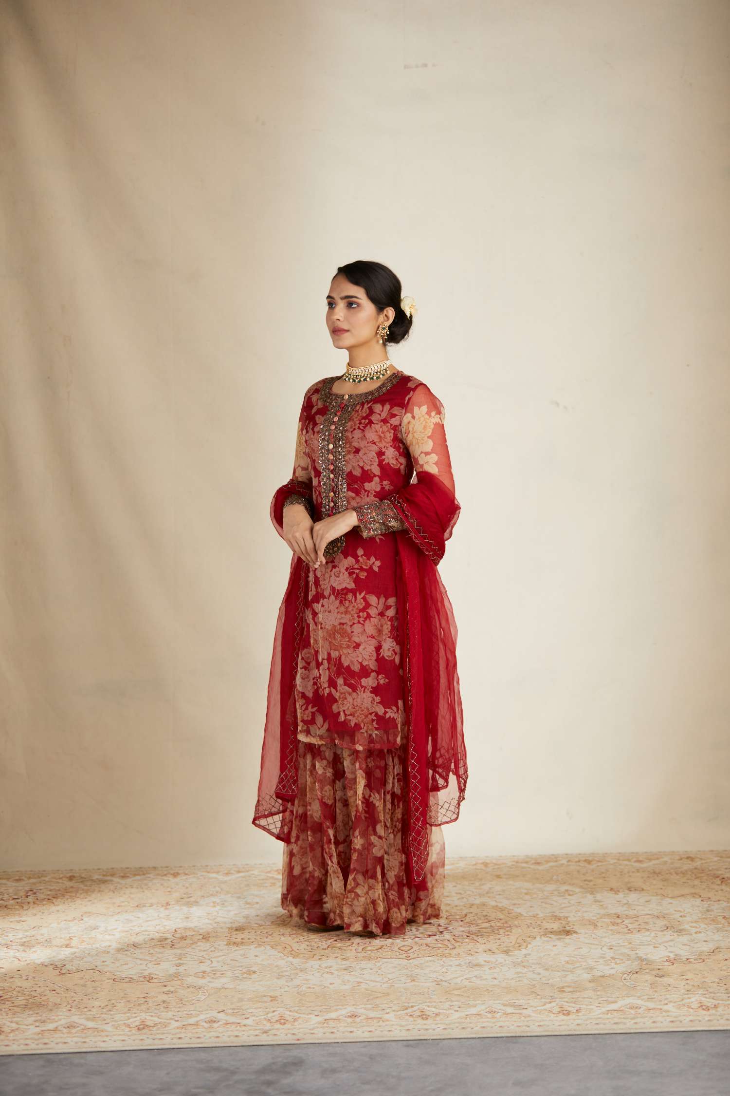 Red Floral Kurti Set