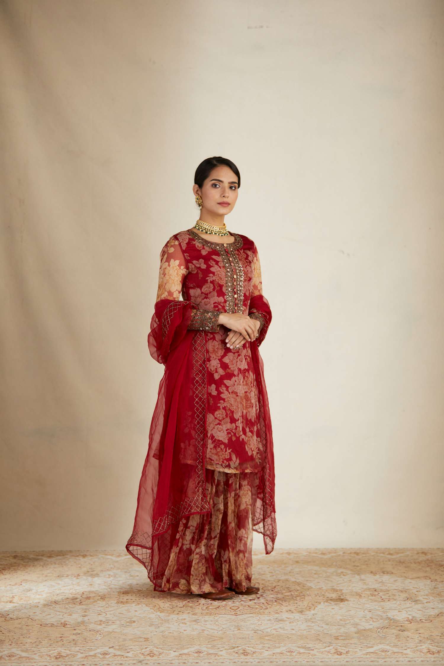 Red Floral Kurti Set