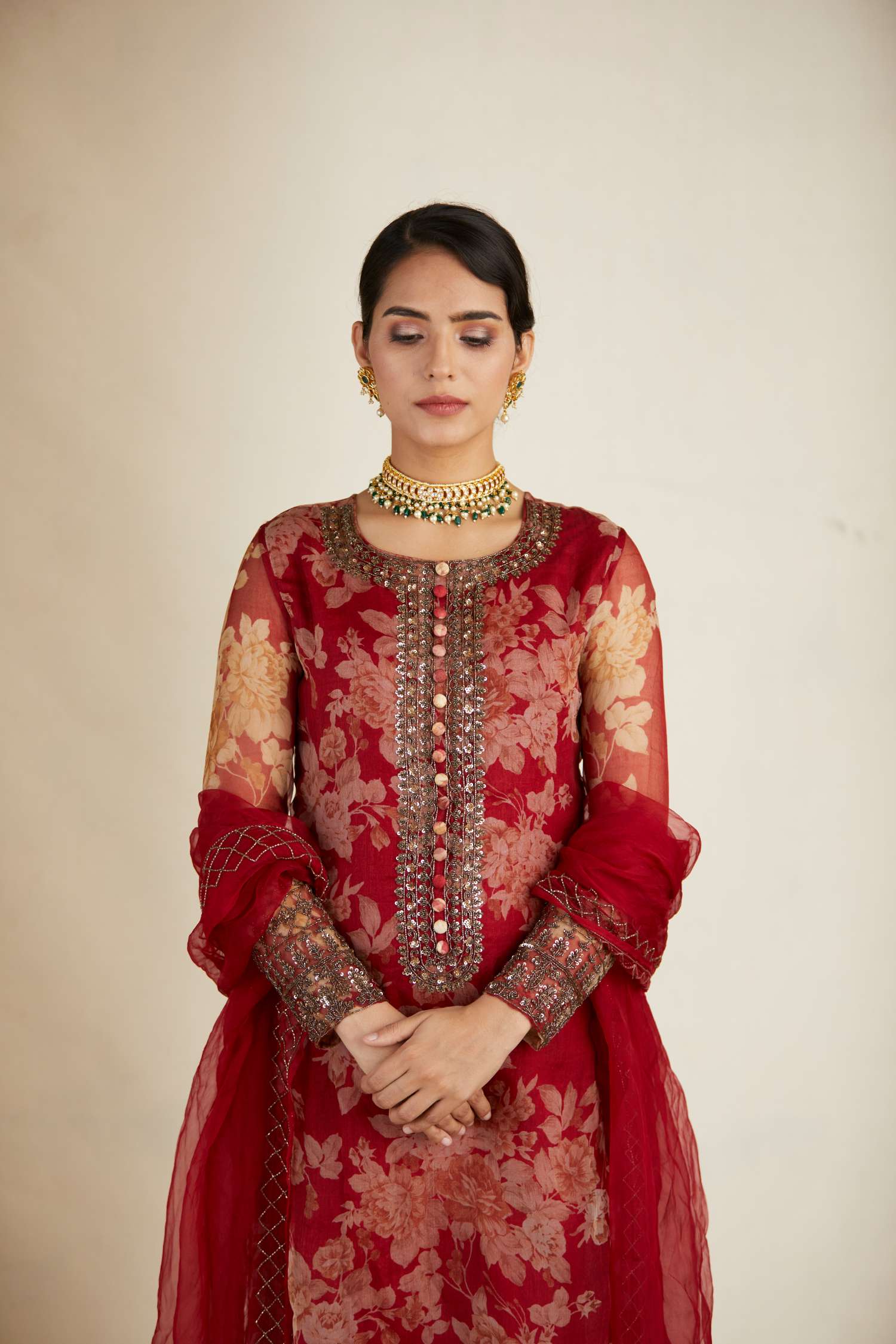 Red Floral Kurti Set