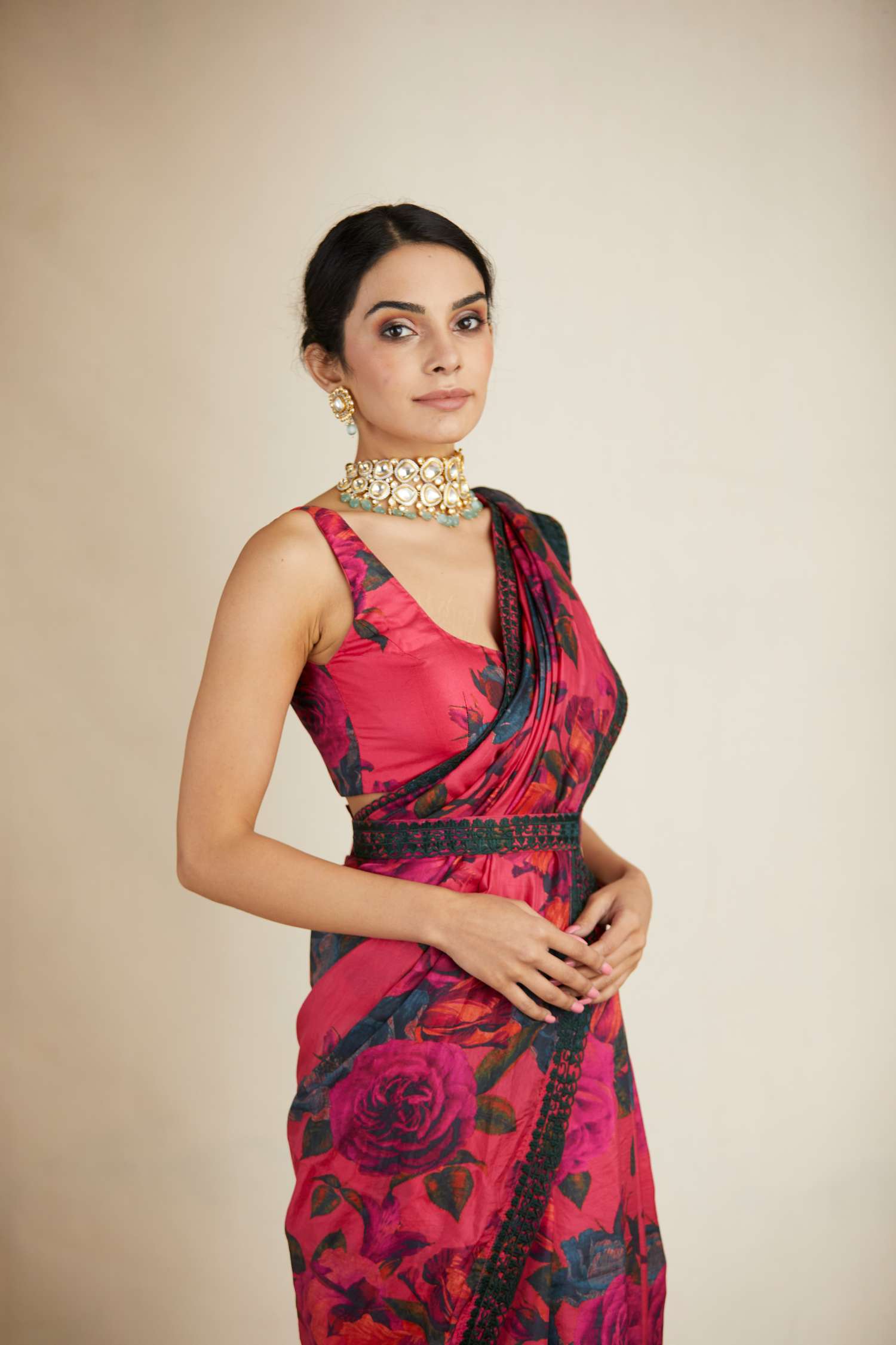 Hot Pink Floral Saree Set