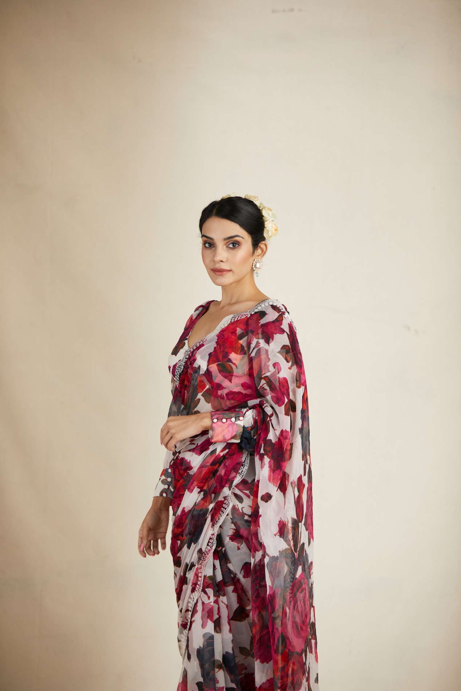 White Red Floral Saree