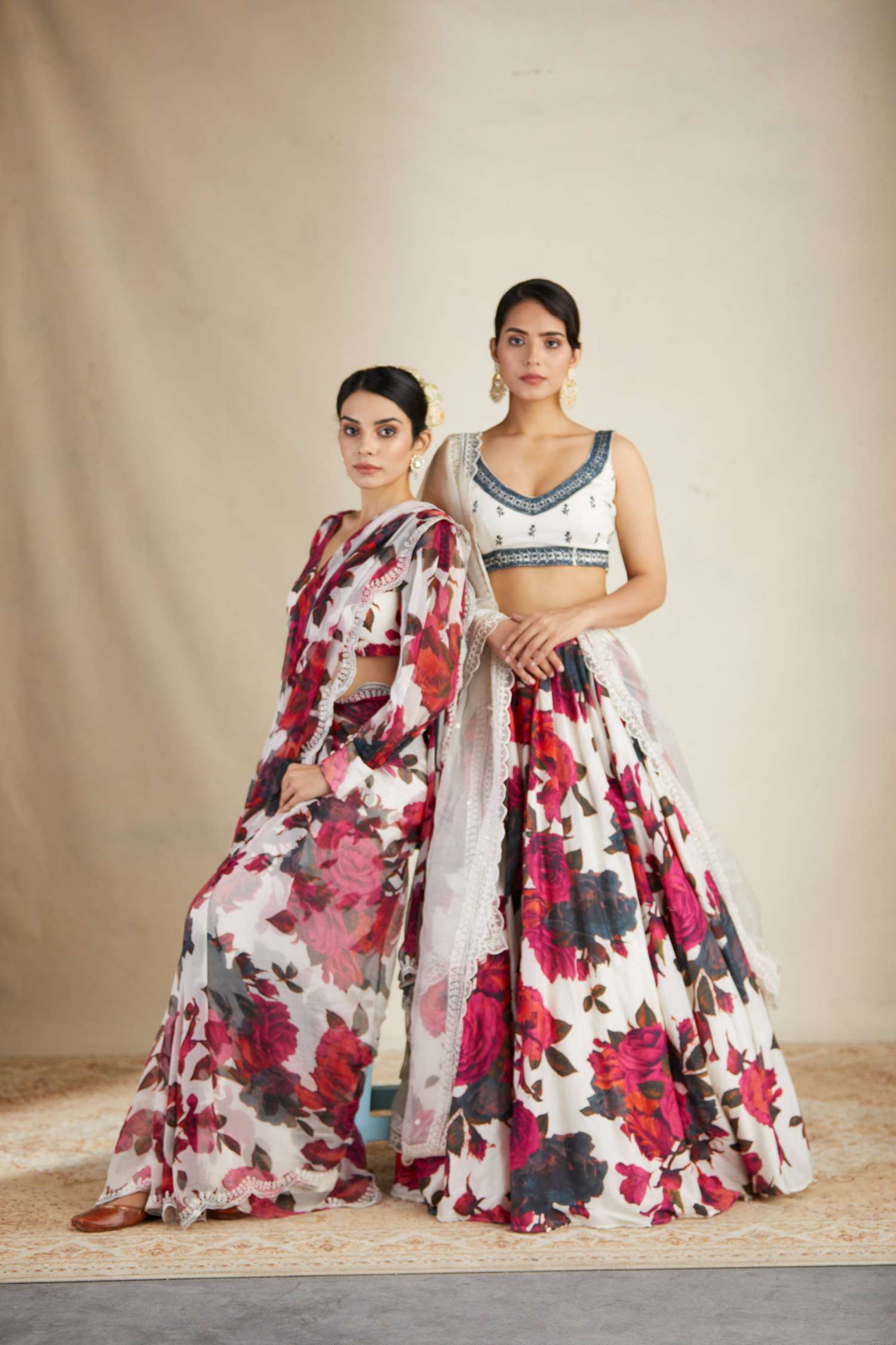 White Red Floral Lehenga With White Blouse Set