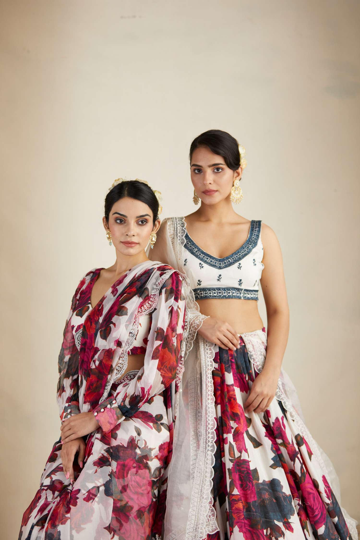 White Red Floral Lehenga With White Blouse Set
