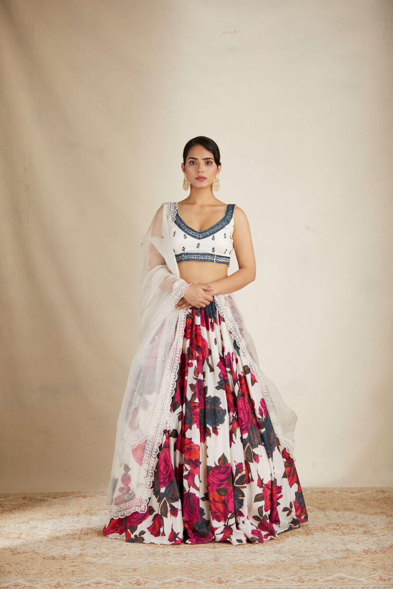 White Red Floral Lehenga With White Blouse Set
