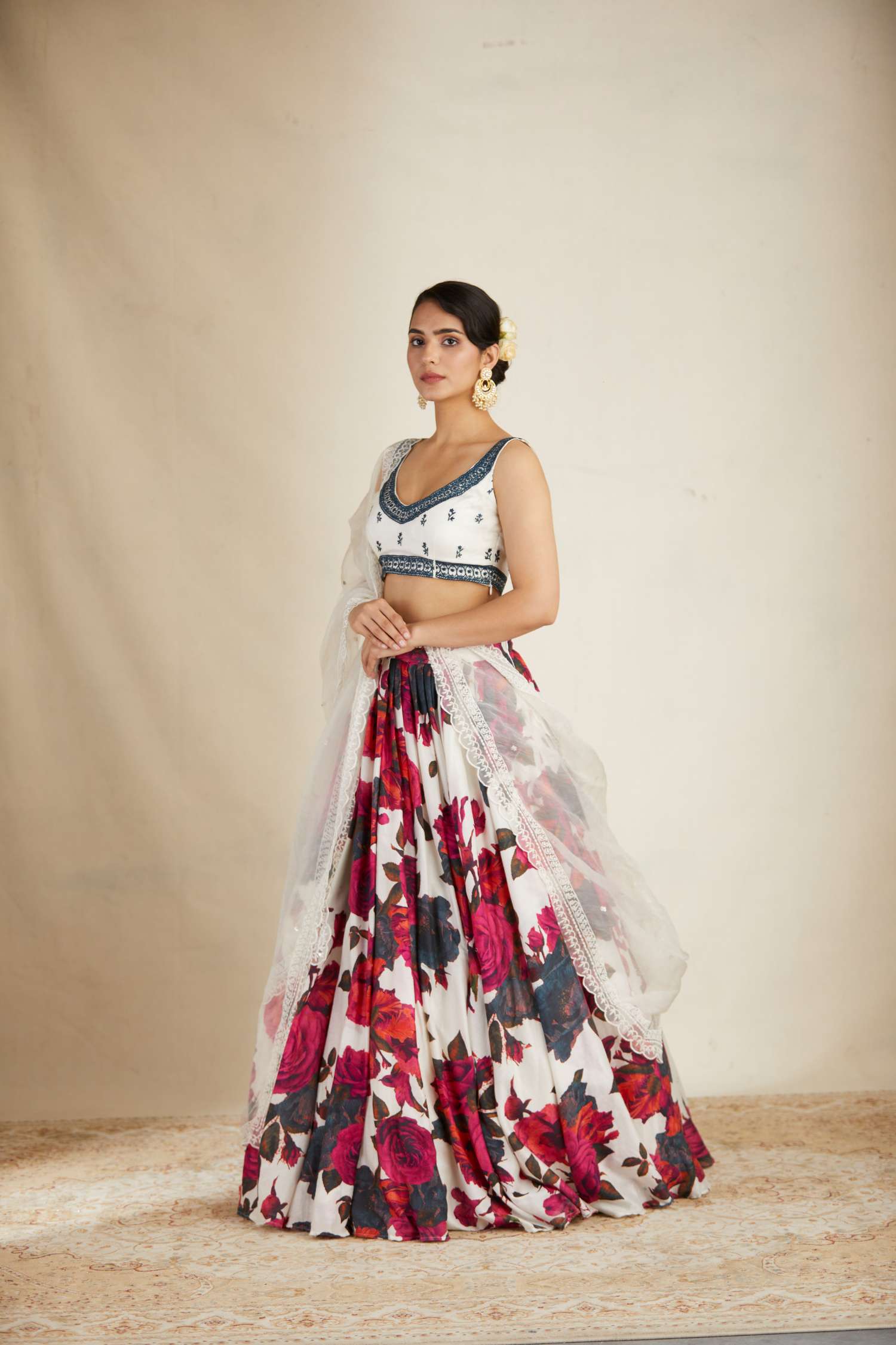 White Red Floral Lehenga With White Blouse Set
