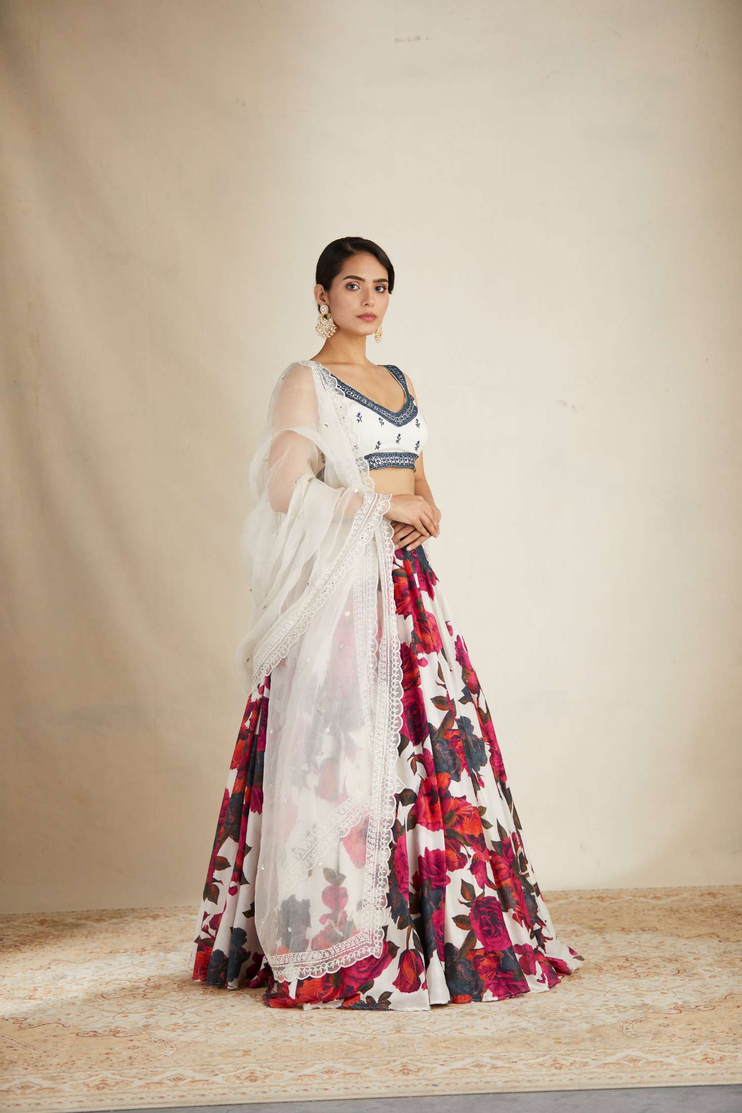 White Red Floral Lehenga With White Blouse Set