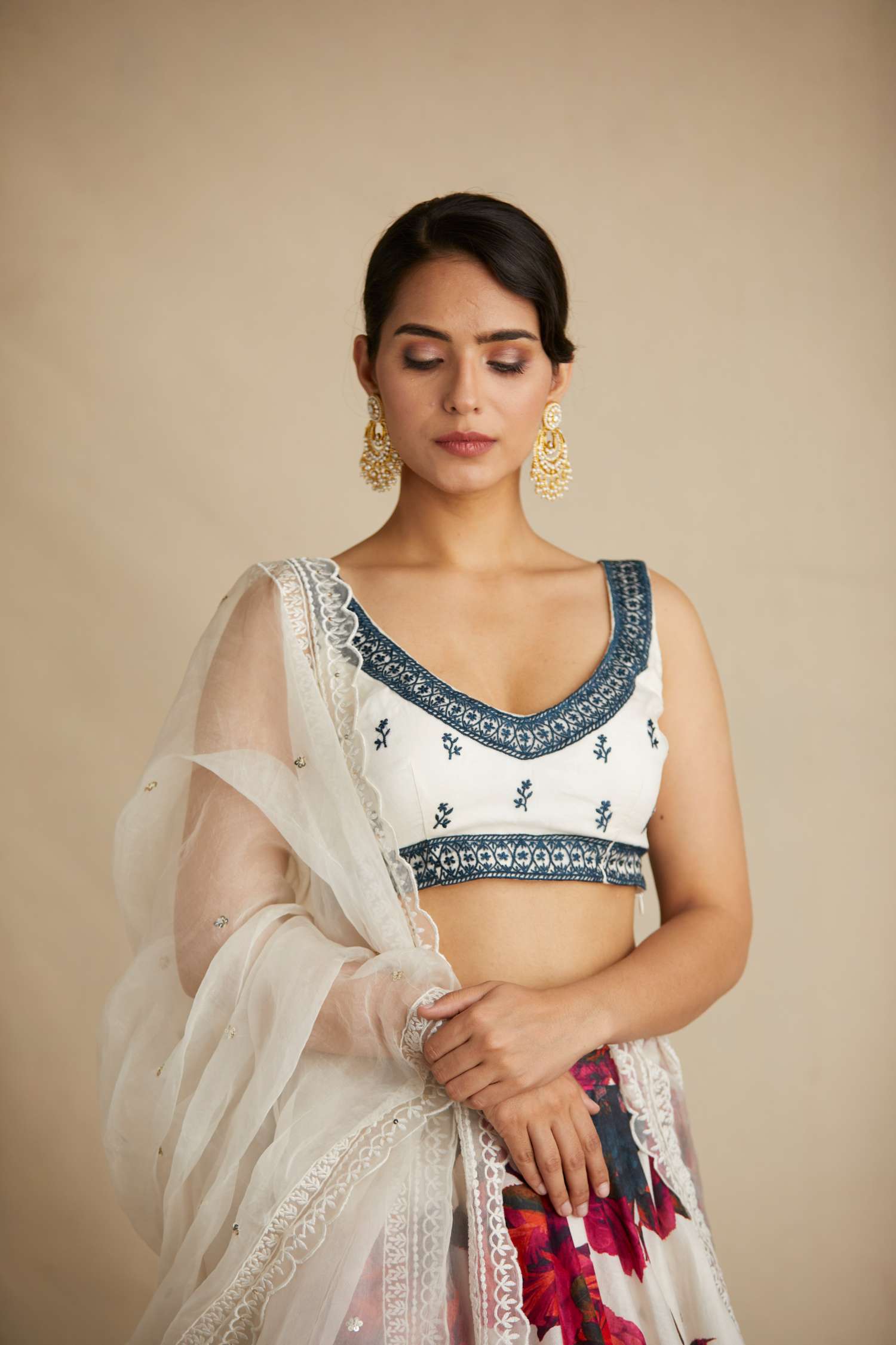 White Red Floral Lehenga With White Blouse Set