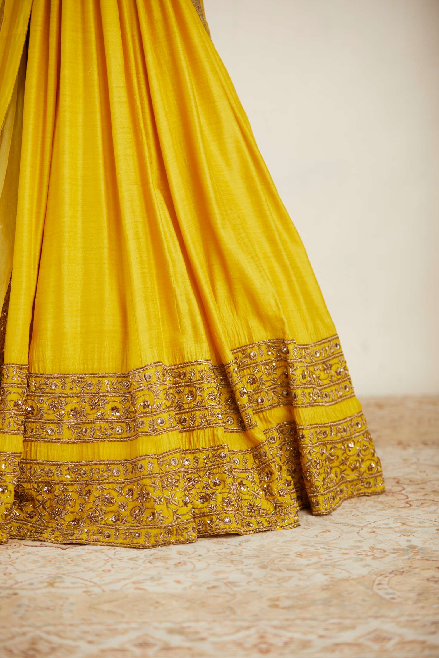Mustard Chanderi Silk Crepe Bead Embroidered Lehenga Set
