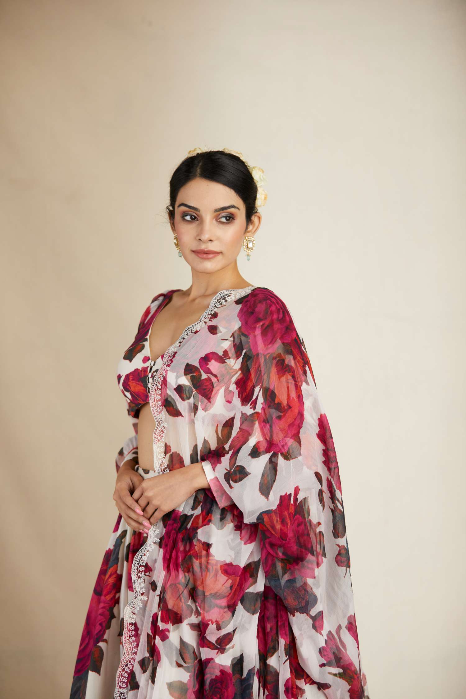 White Red Floral Lehenga Set