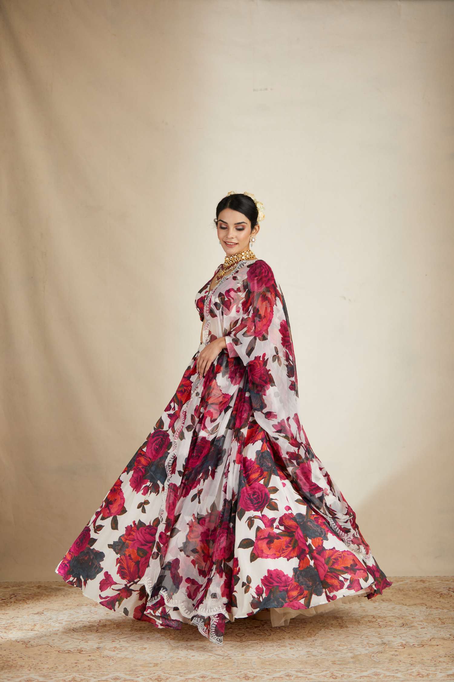 White Red Floral Lehenga Set