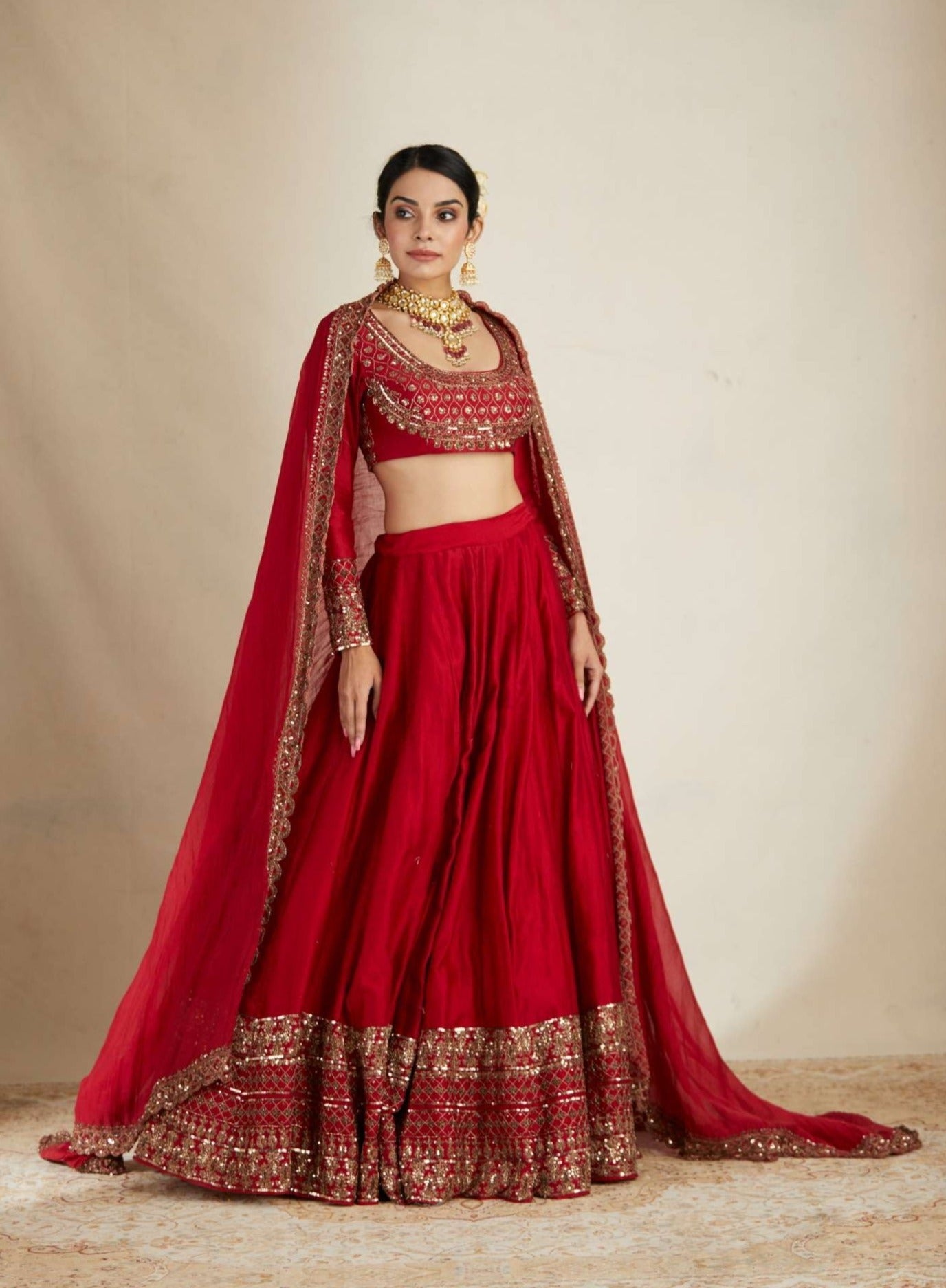 Red Chanderi Silk Crepe Embroidered Lehenga Set