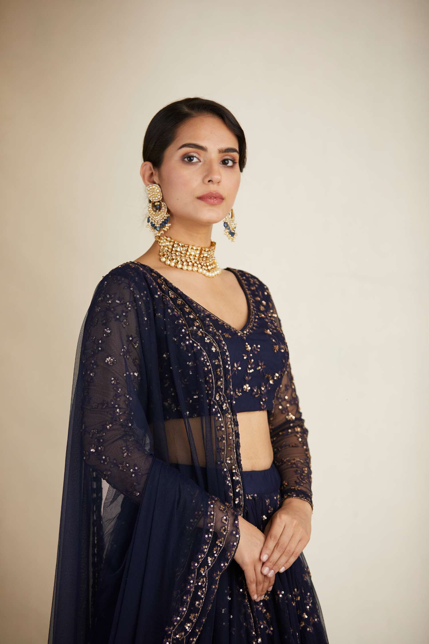 Navy Blue Heavy Double Border Lehenga Set