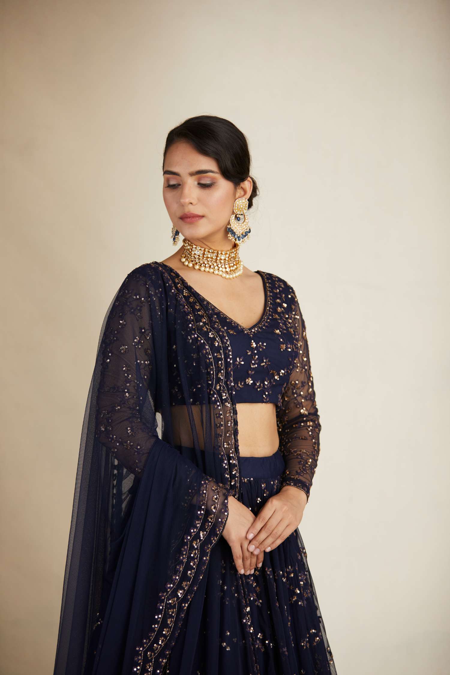 Navy Blue Heavy Double Border Lehenga Set