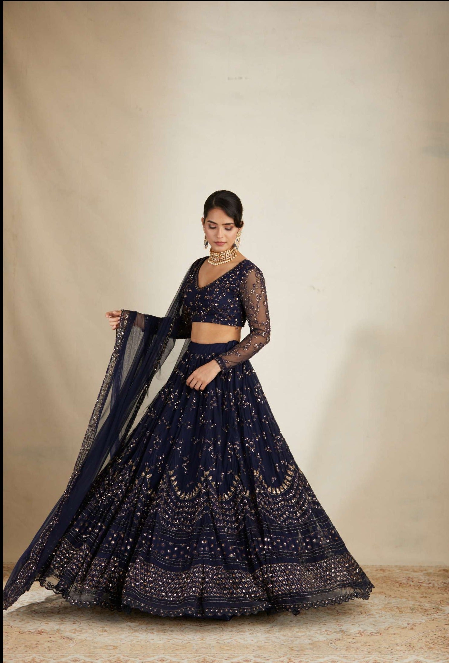 Navy Blue Heavy Double Border Lehenga Set