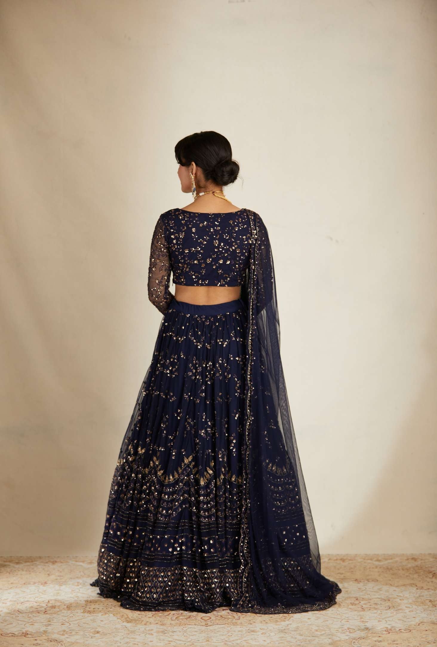 Navy Blue Heavy Double Border Lehenga Set