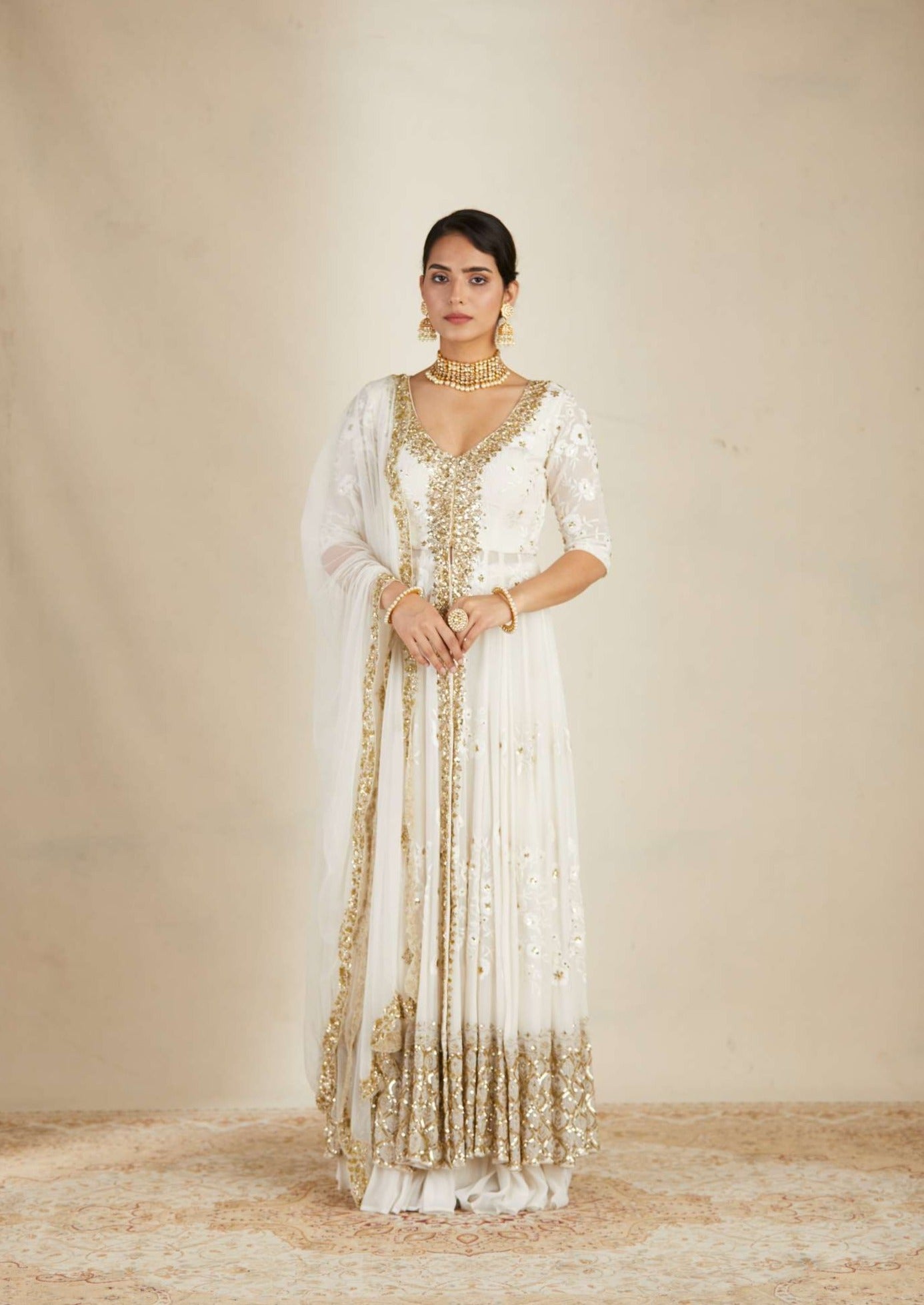 Off White Thread Work Front Open Jacket Sharara Set