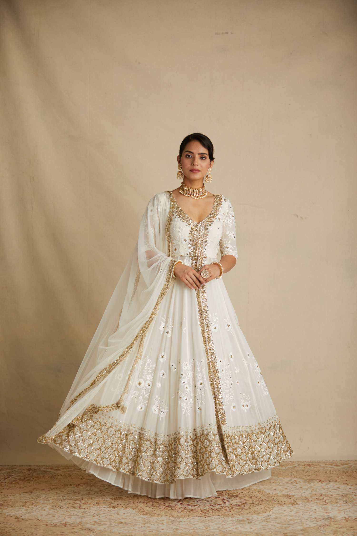 Off White Thread Work Front Open Jacket Sharara Set