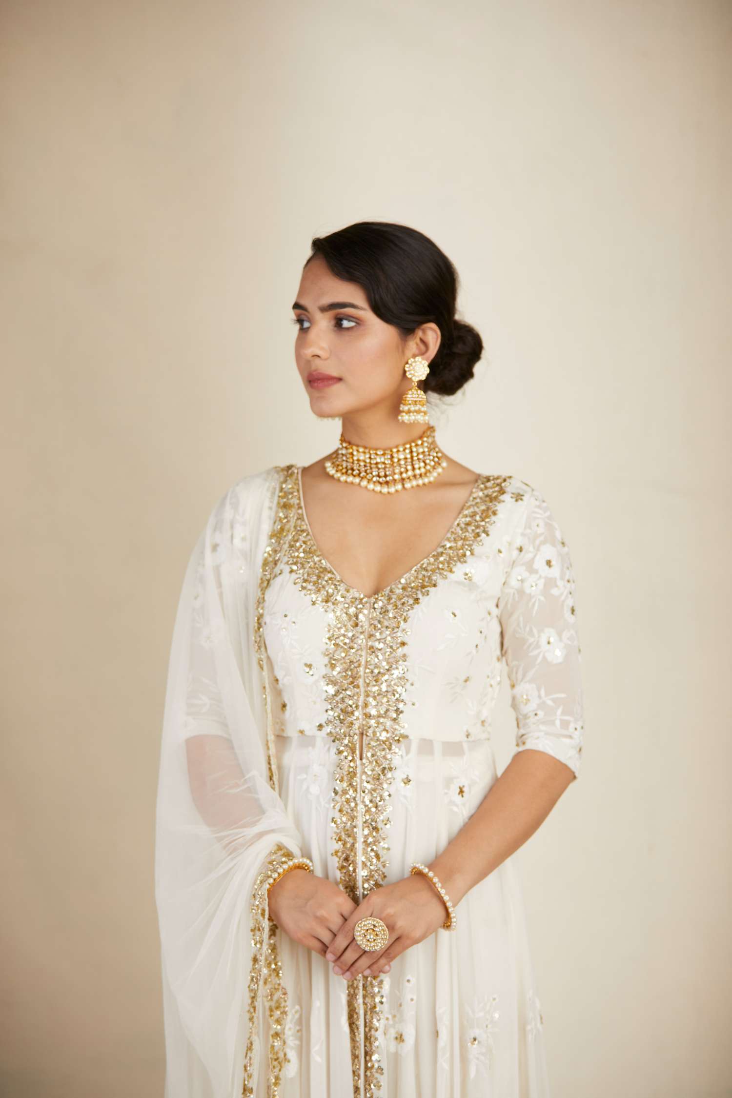 Off White Thread Work Front Open Jacket Sharara Set