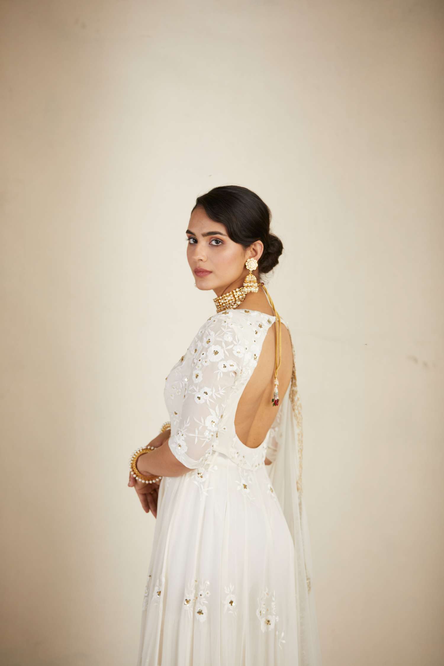Off White Thread Work Front Open Jacket Sharara Set
