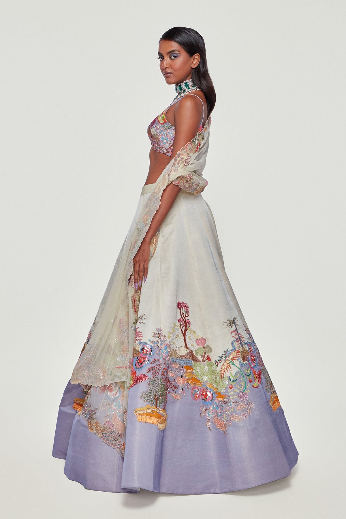 Penelope - Ivory-Lavender Silk Lehenga Set