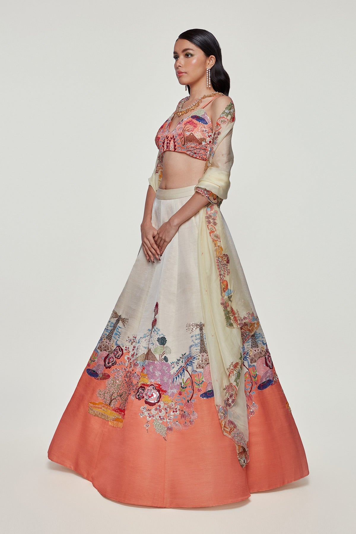 Valentina - Ivory Peach Silk Lehenga Set