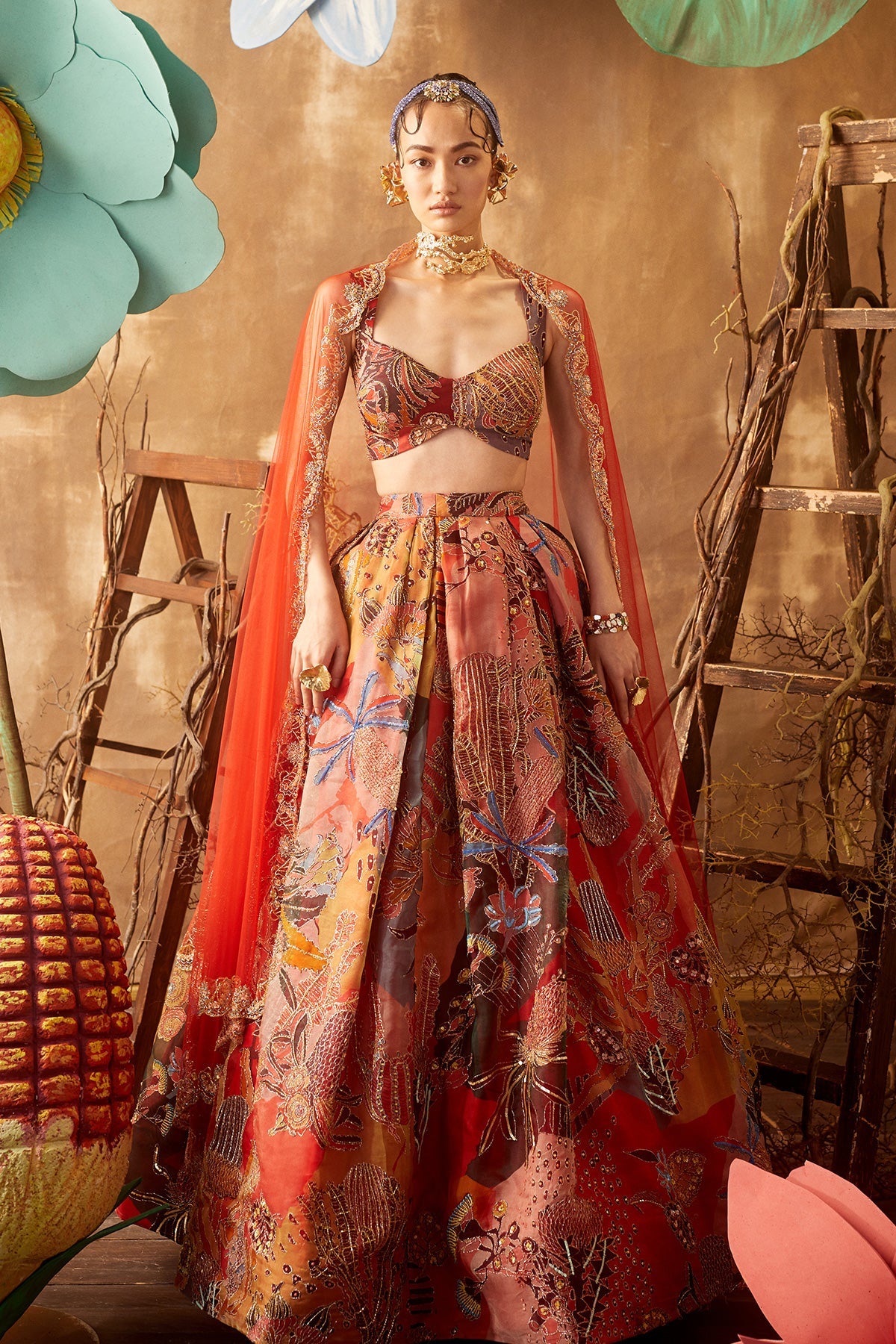 Banksia - Fiery Red  Organza Lehenga Set