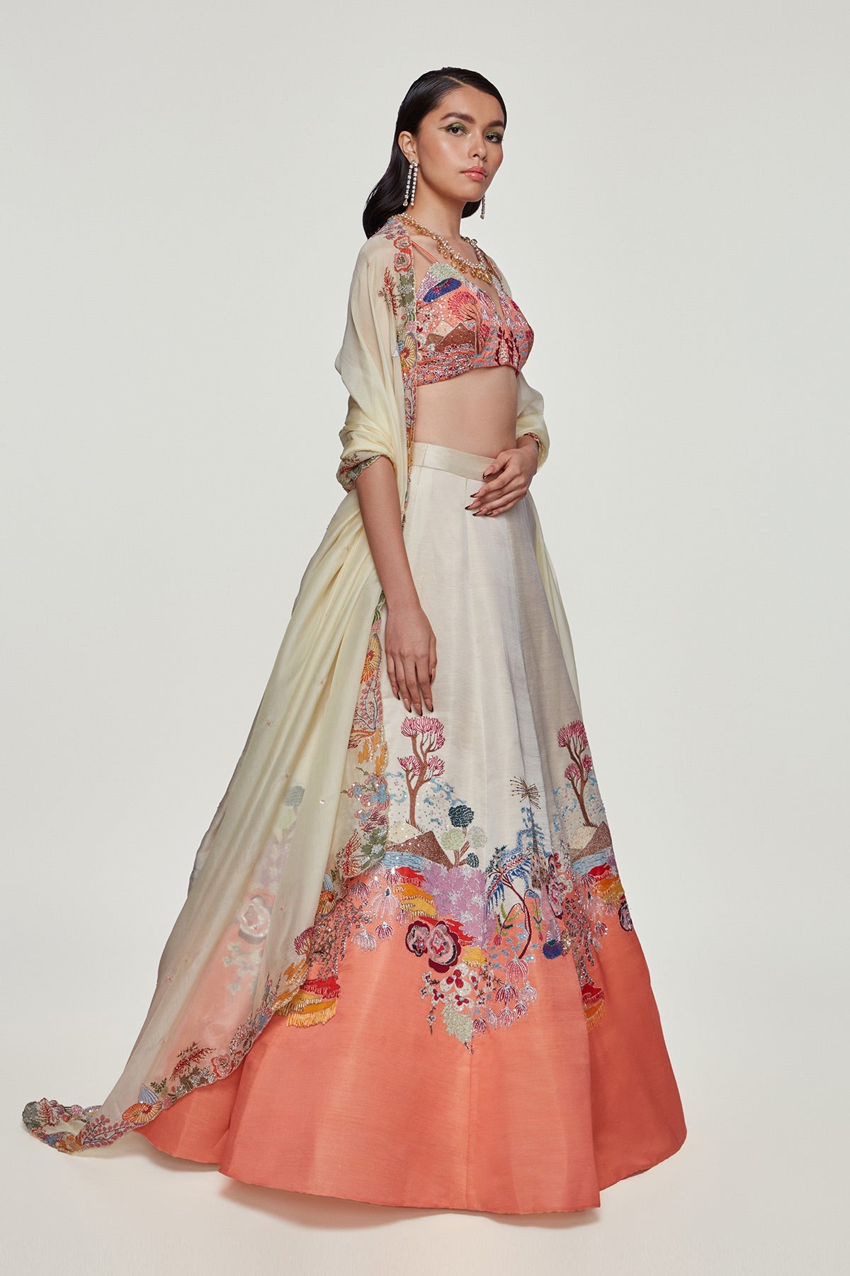 Valentina - Ivory Peach Silk Lehenga Set