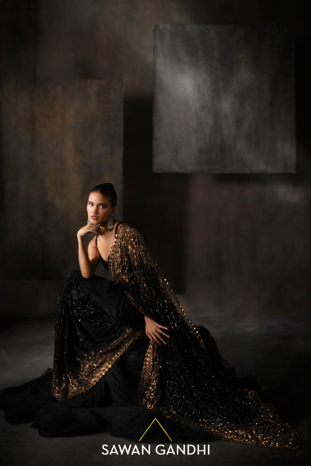 Black and gold Ombré cutwork saree