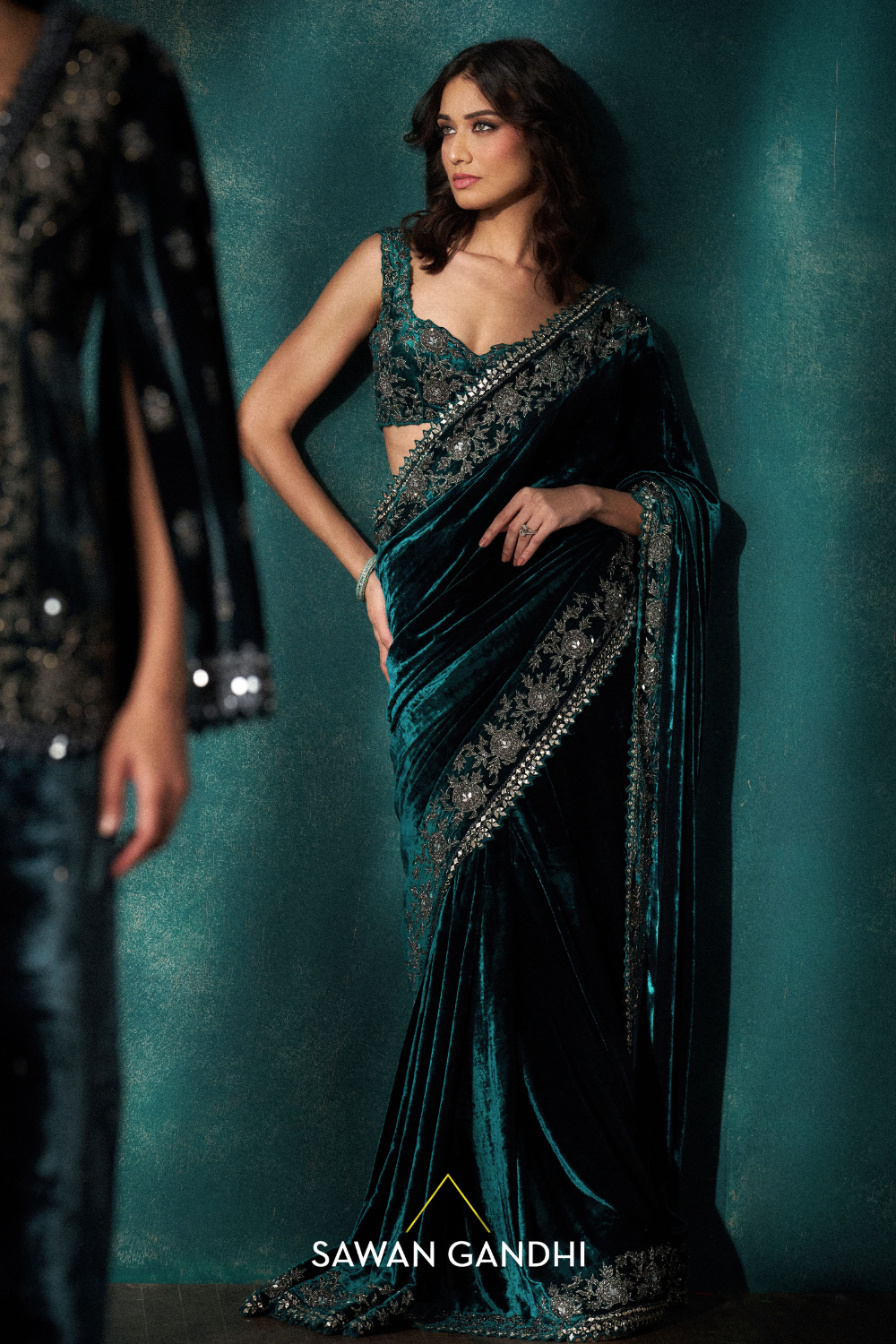 Teal velvet saree