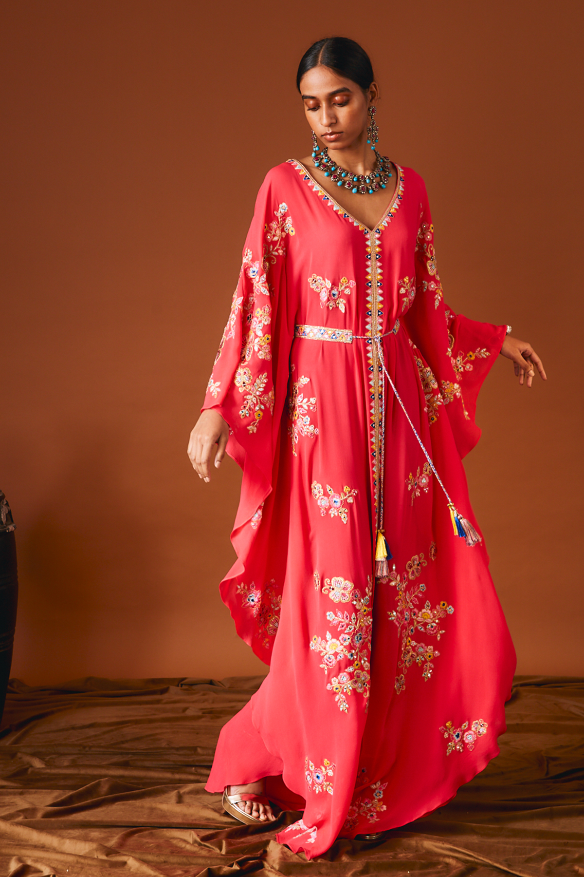 Bright Pink Georgette Kaftan With Mirror And Resham