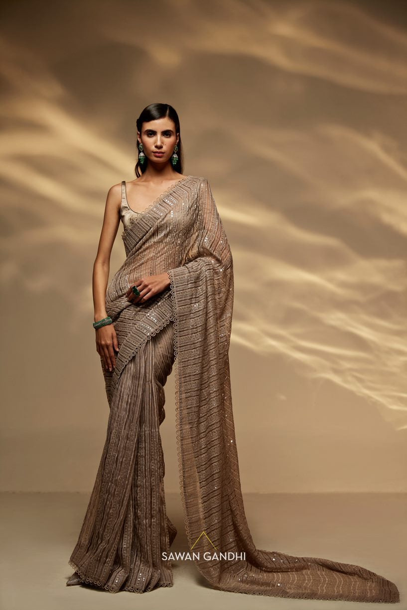 Taupe ghqicha organza saree set
