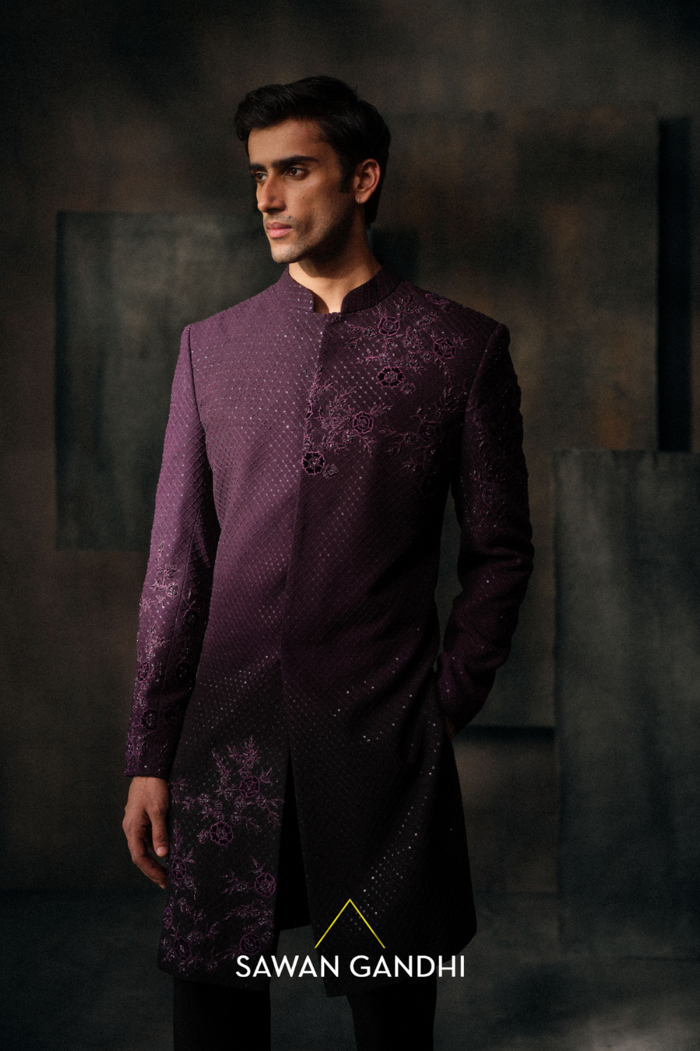 Wine Applique Work Shewani