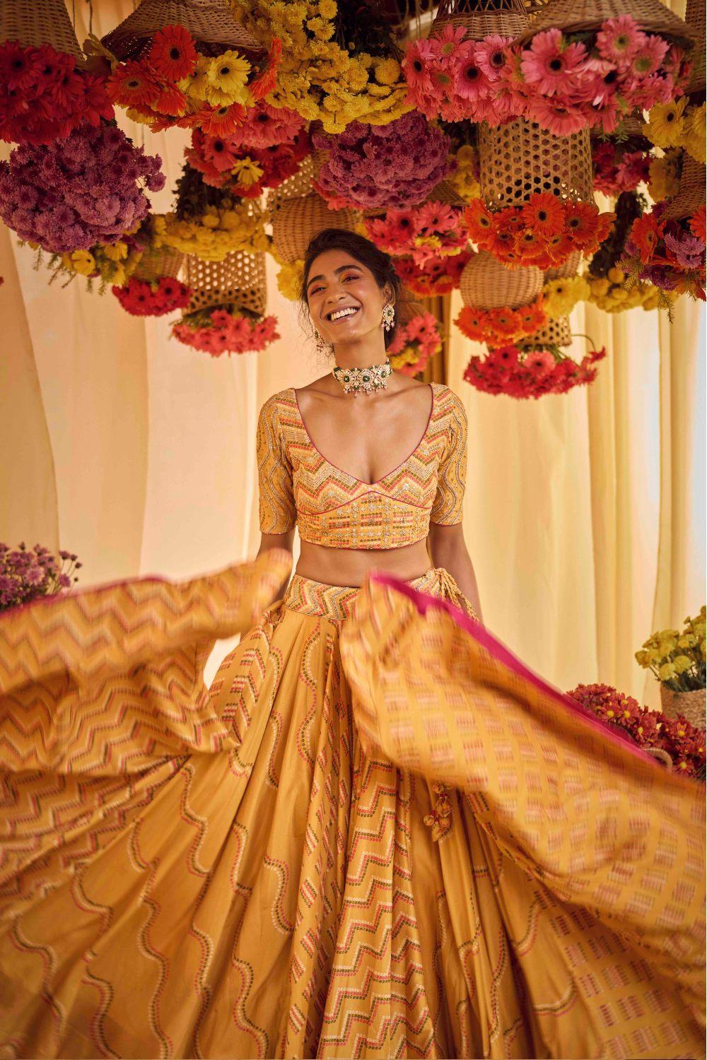 Mustard Printed Lehenga Set