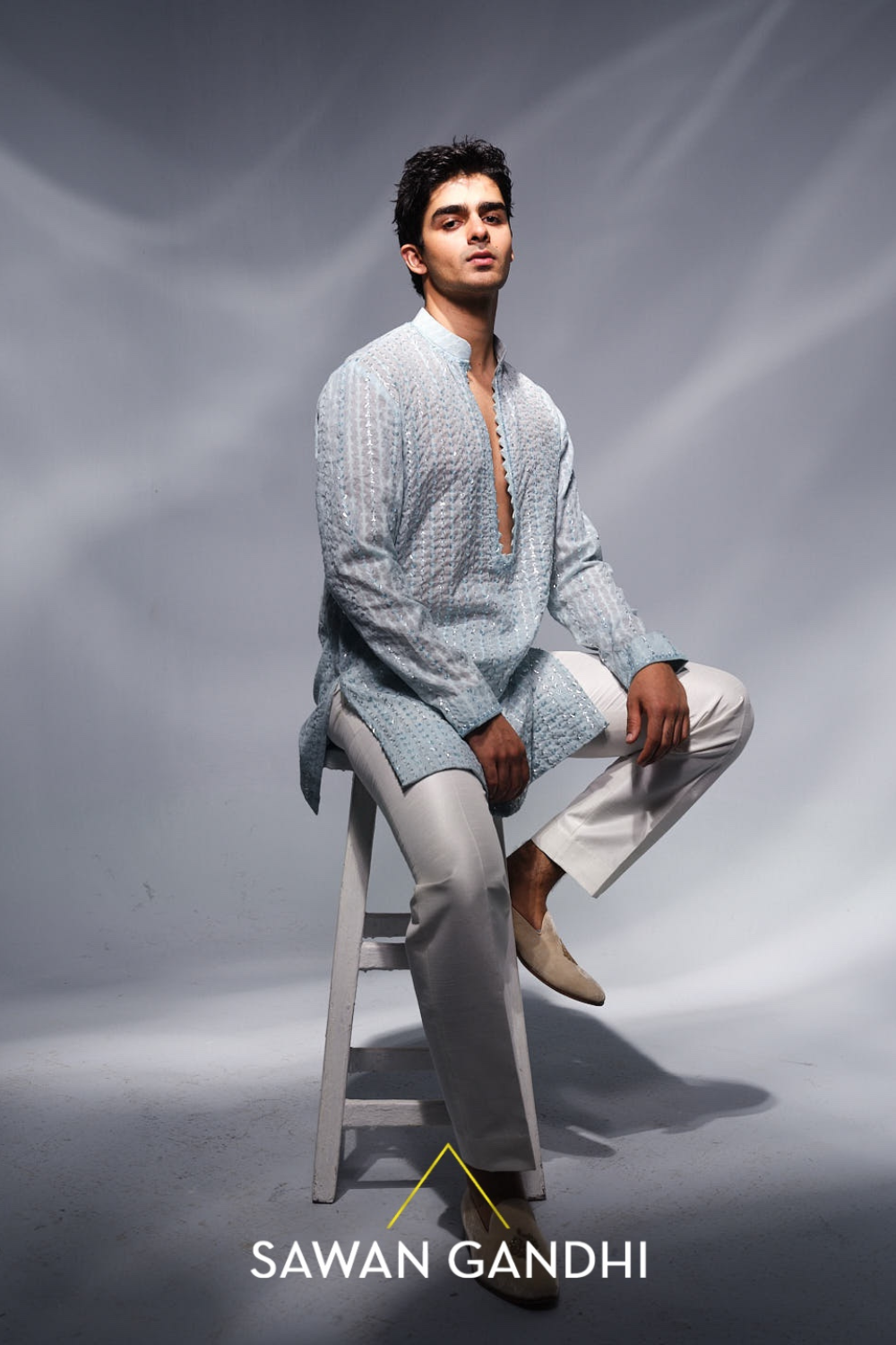 Ice Blue Chanderi Kurta With Patra Work