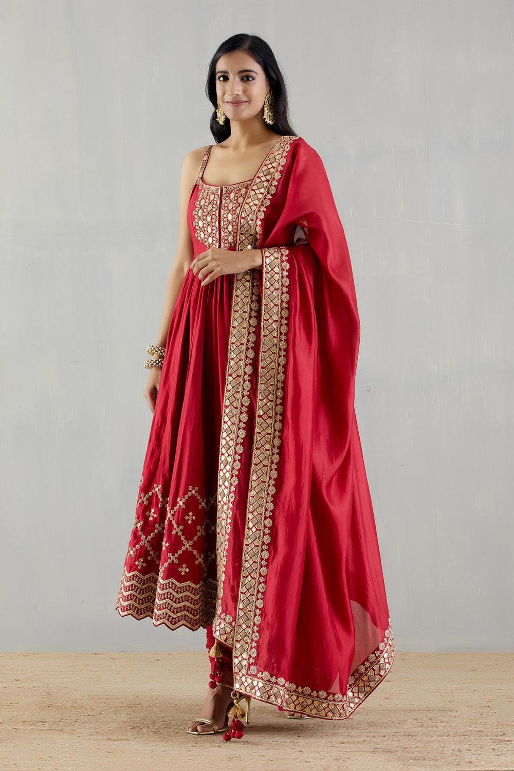 Red Strappy Heavy Anarkali With Organza Silk Dupatta