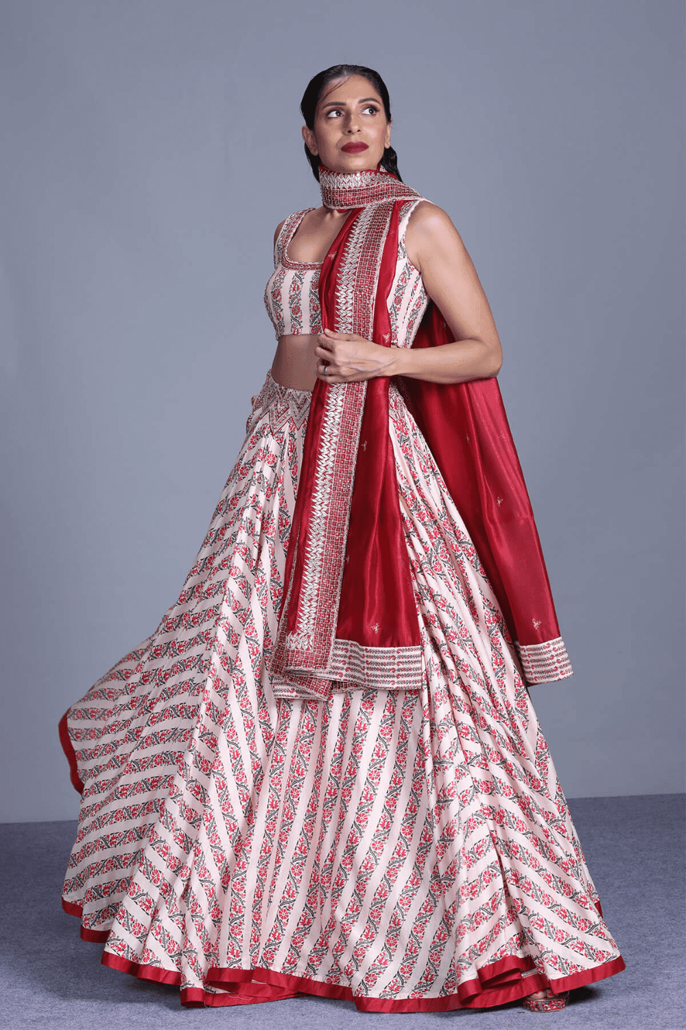 Printed Lehenga Buttercup With Red Dupatta