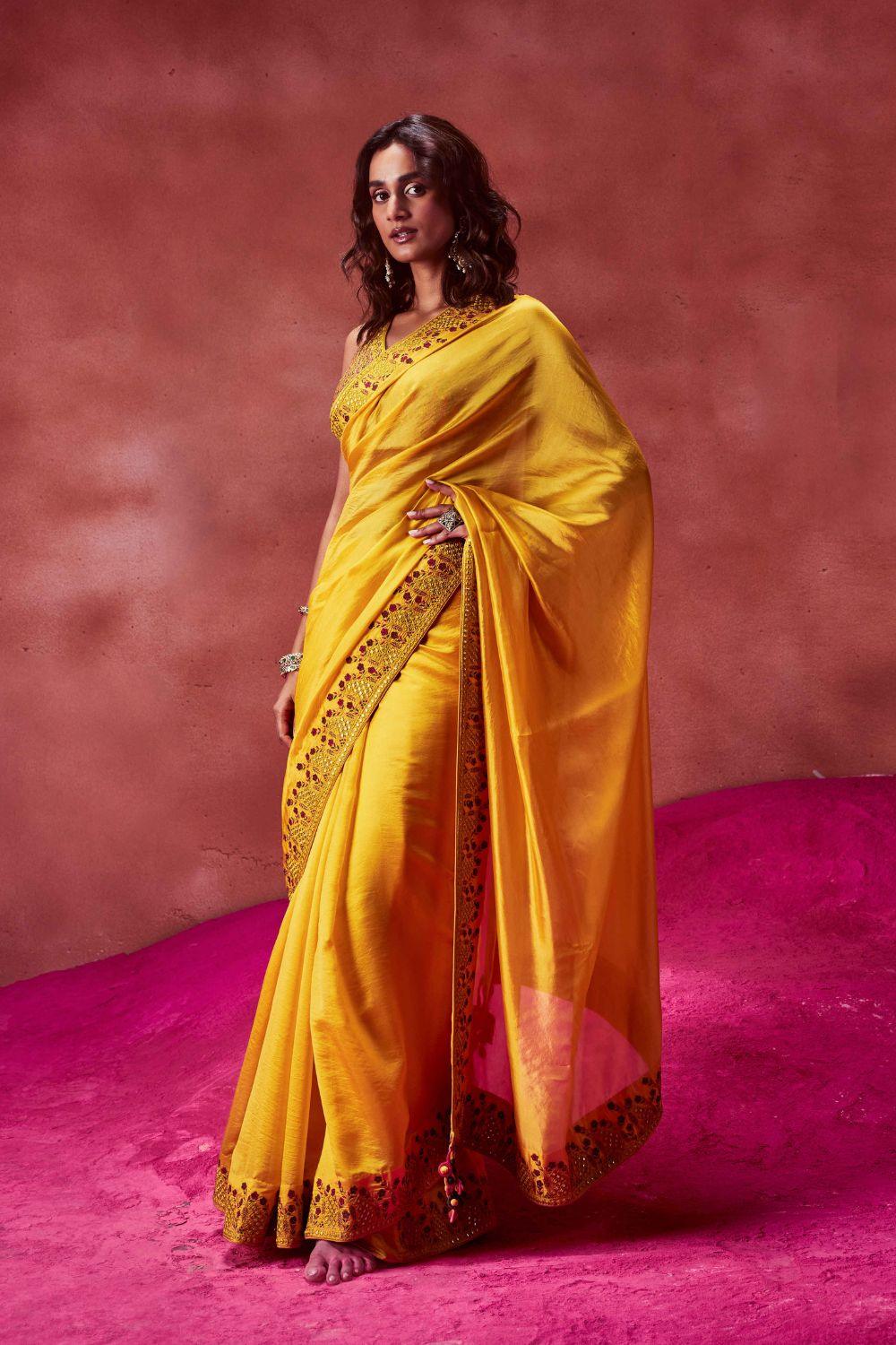 Yellow Resham Work Saree Set