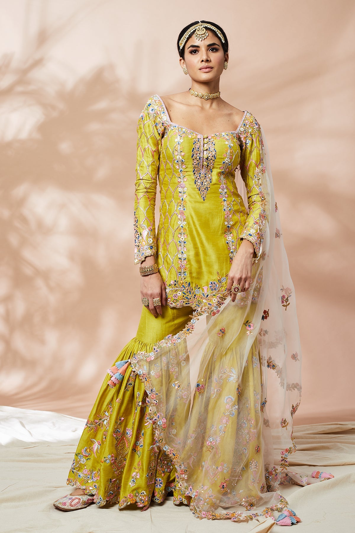 GREEN SILK GHARARA