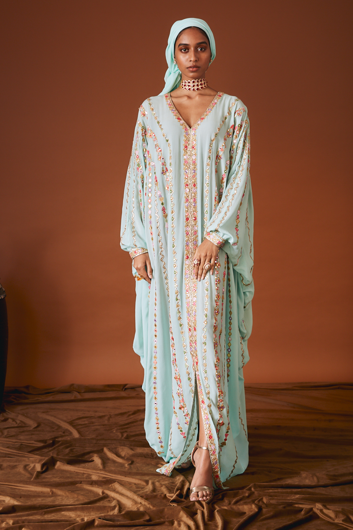 Phirozi Blue Georgette Cowl Kaftan With Resham And Dori