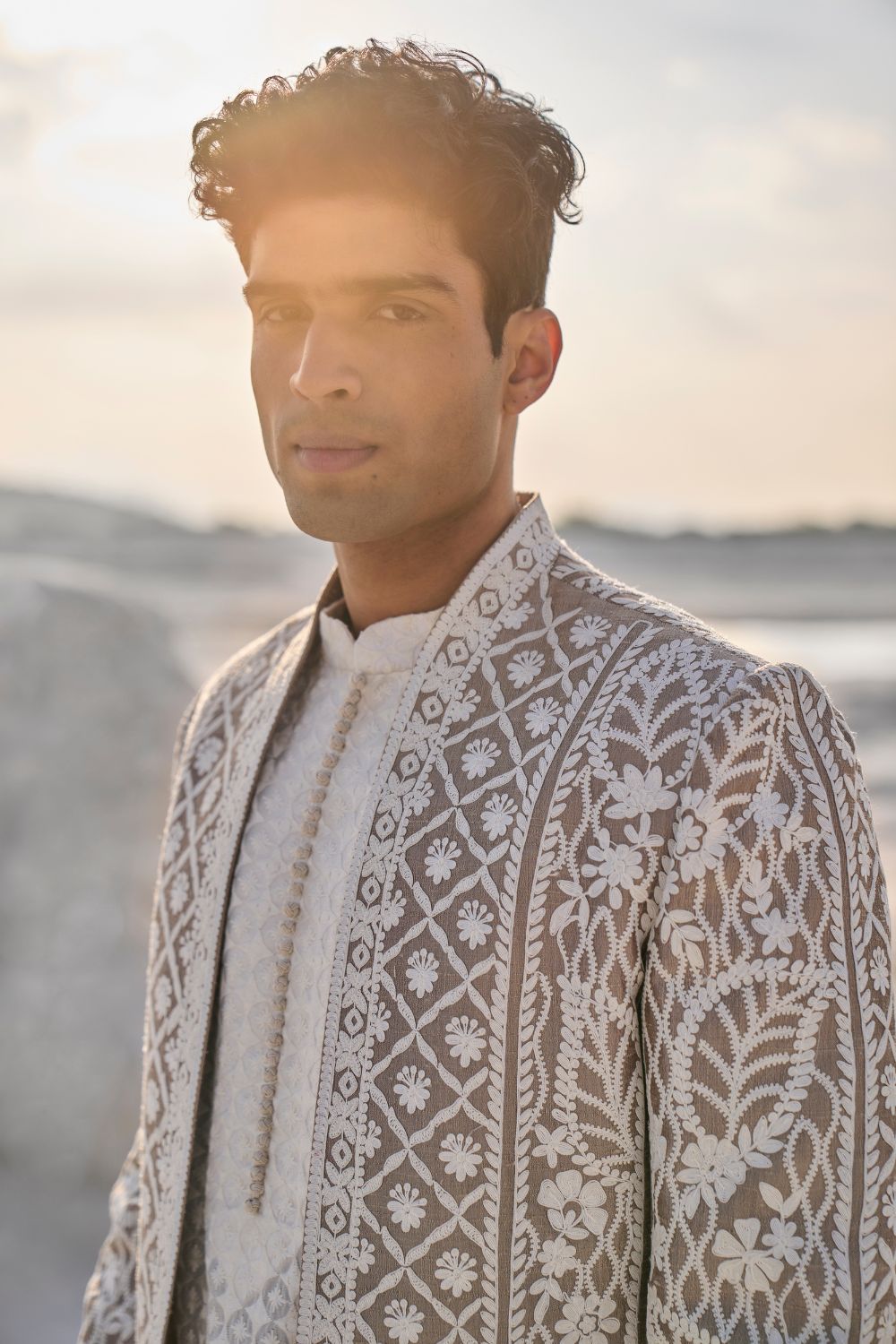 Ishaan Khatter in Nude Cream Open Sherwani Set