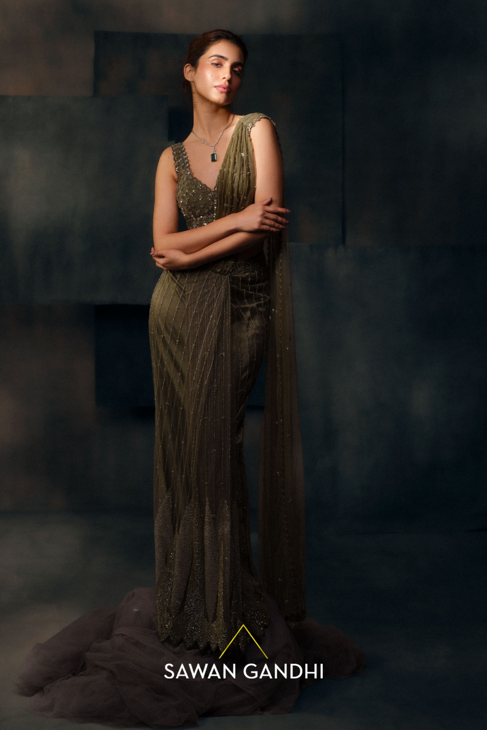 Olive green drape saree