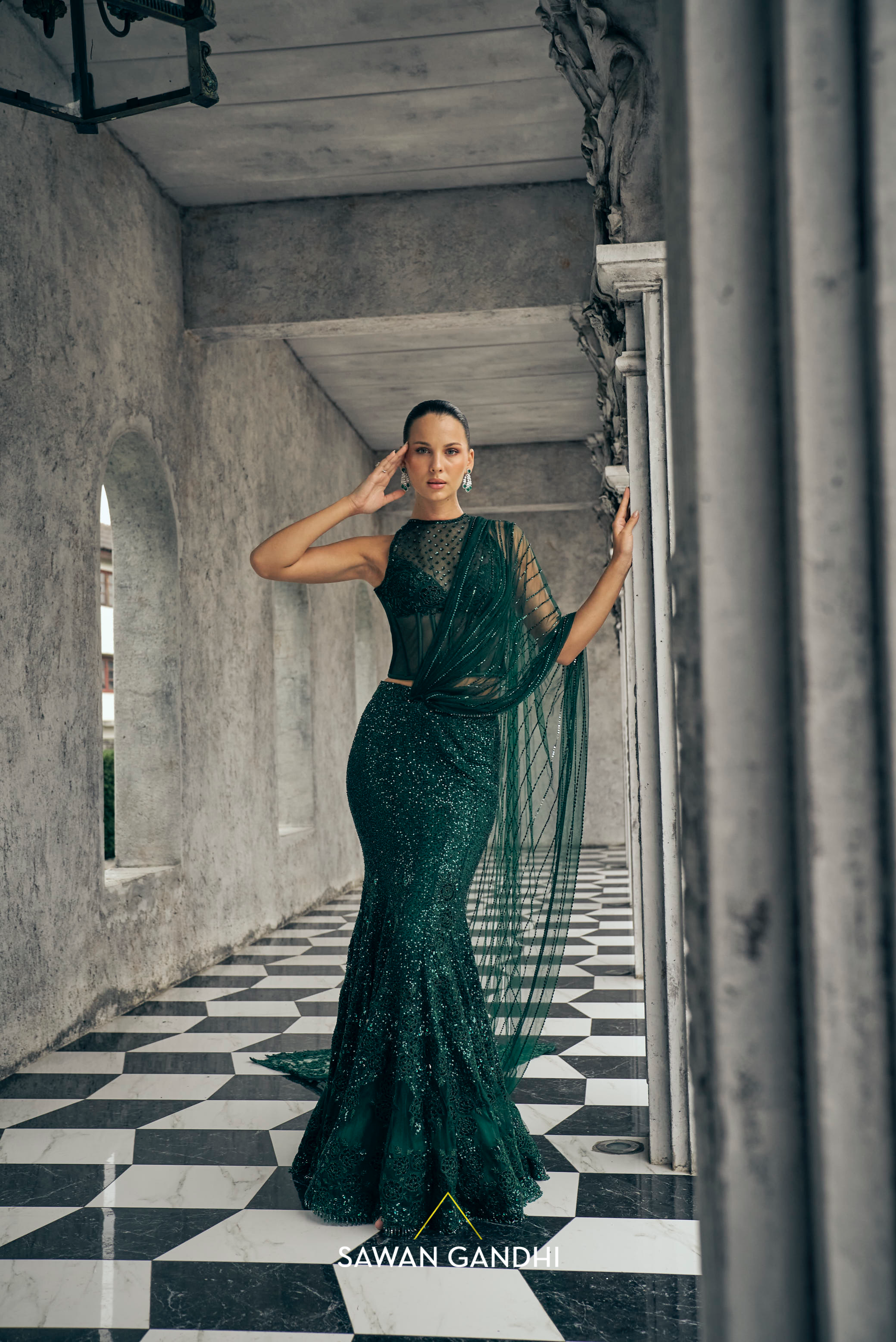 Bottle green fishcut drape saree