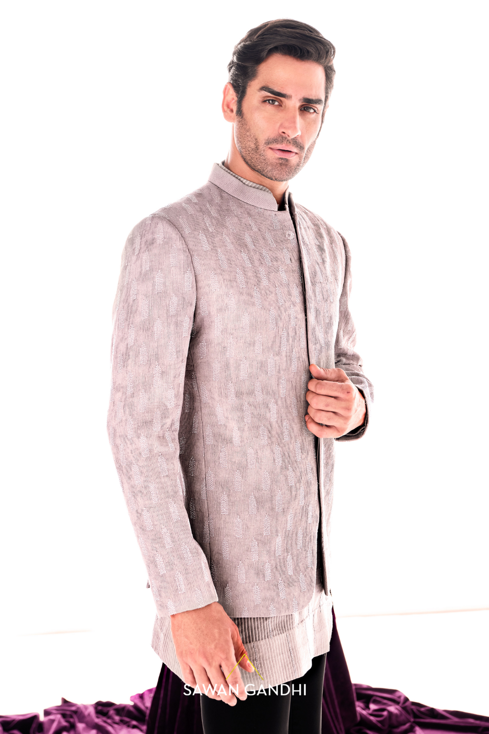 Taupe ruched bandhgala