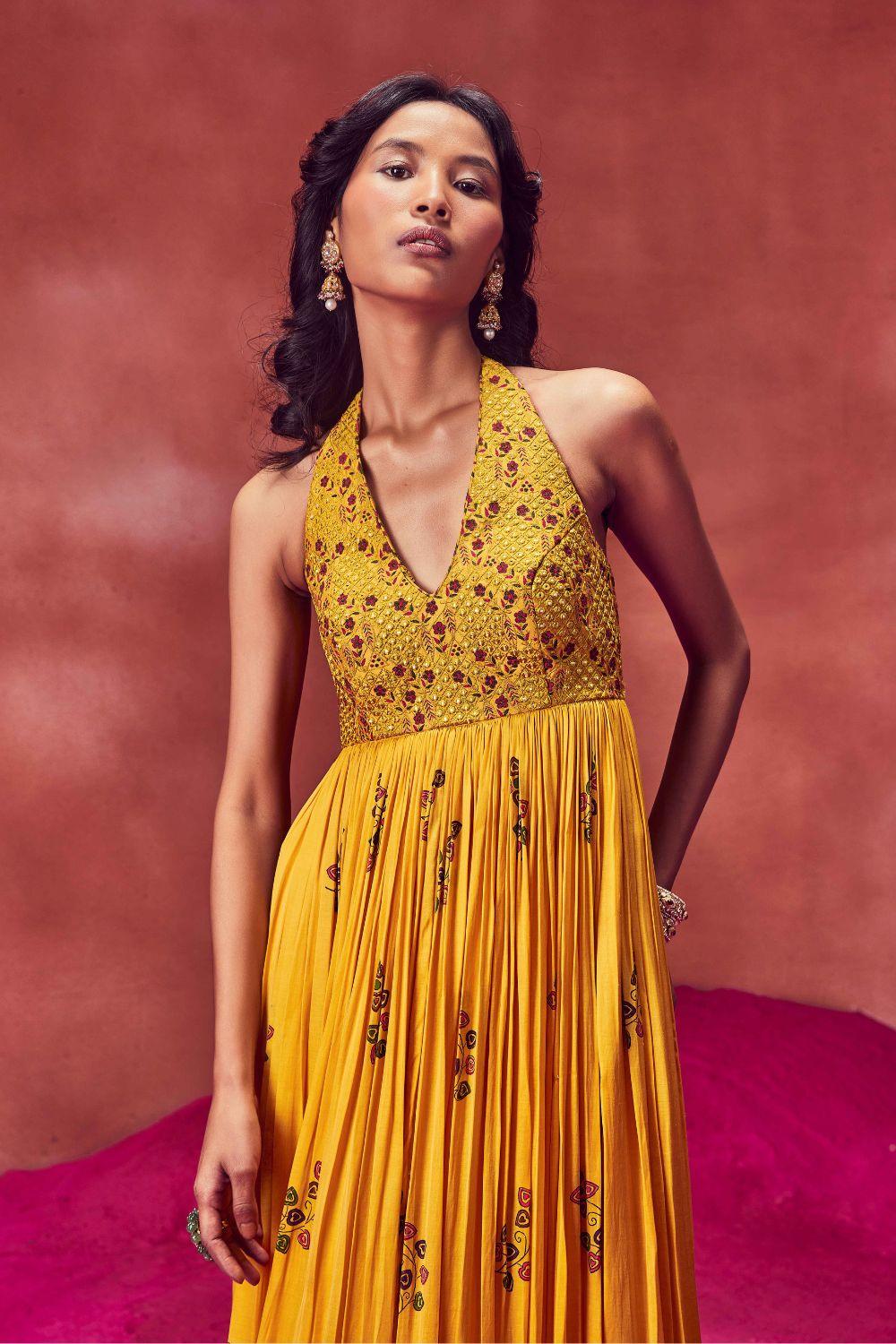 Yellow Printed Long Crush Dress