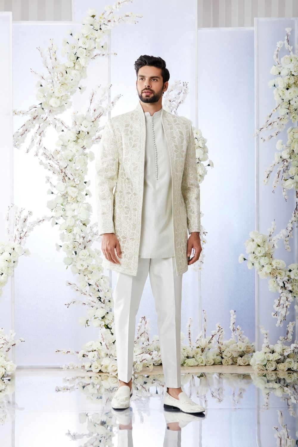 Antique Silver Open Short Sherwani Set